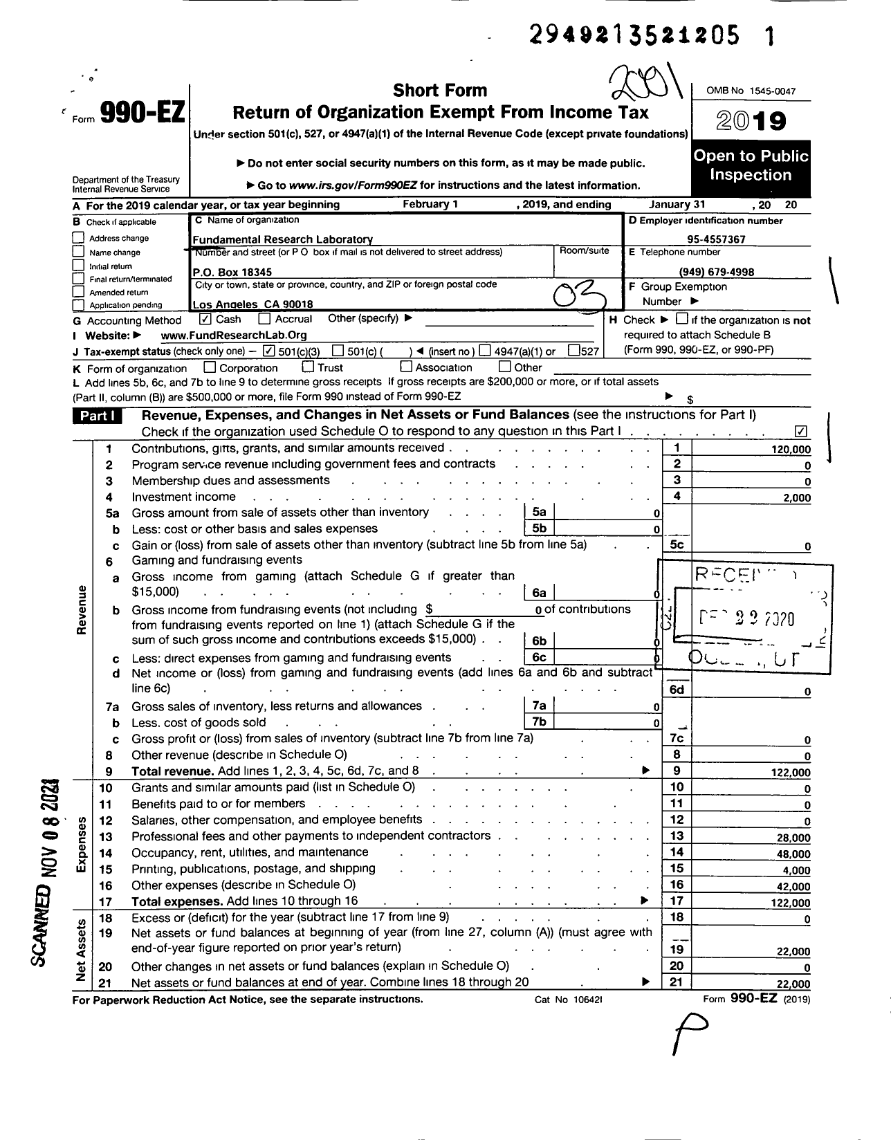 Image of first page of 2019 Form 990EZ for Fundamental Research Laboratory