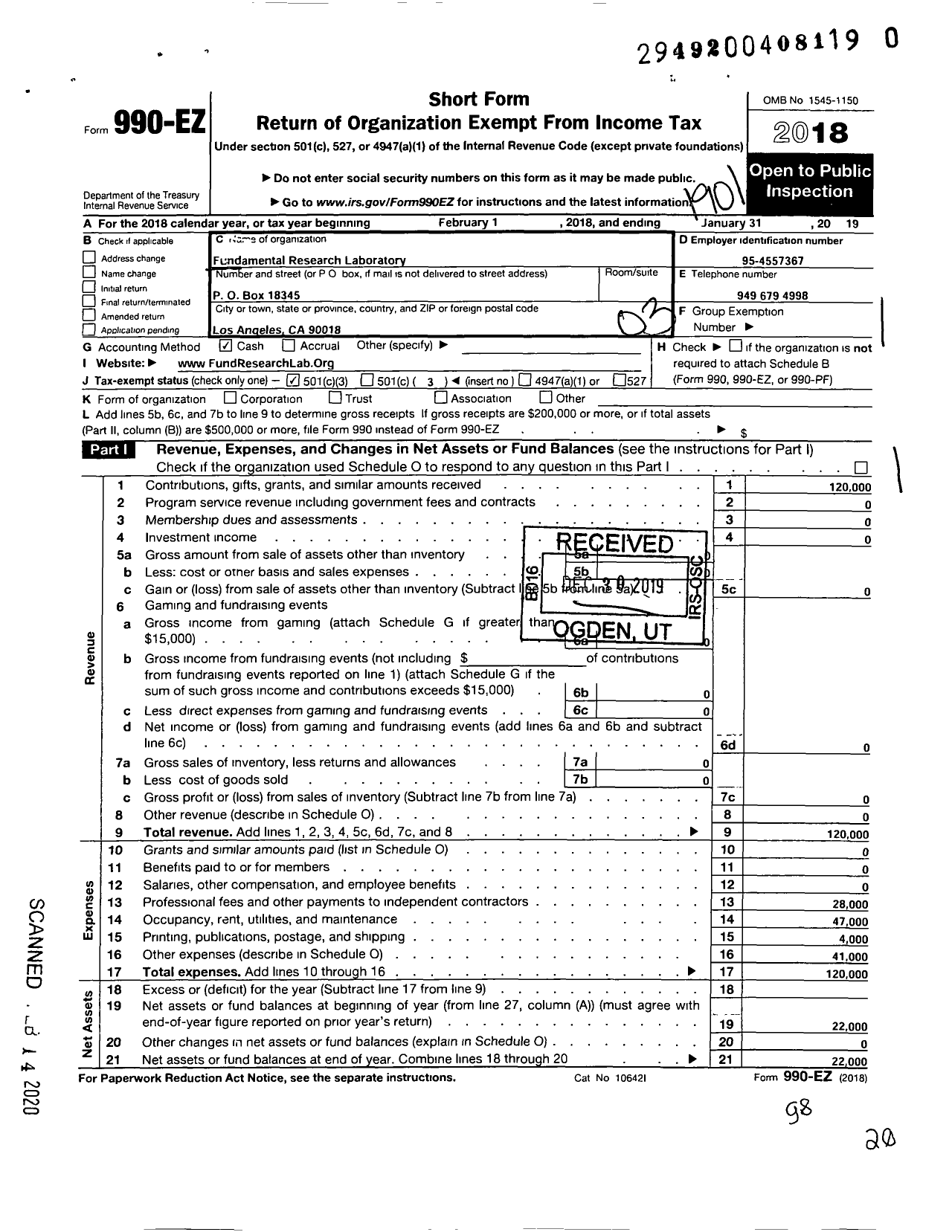 Image of first page of 2018 Form 990EZ for Fundamental Research Laboratory