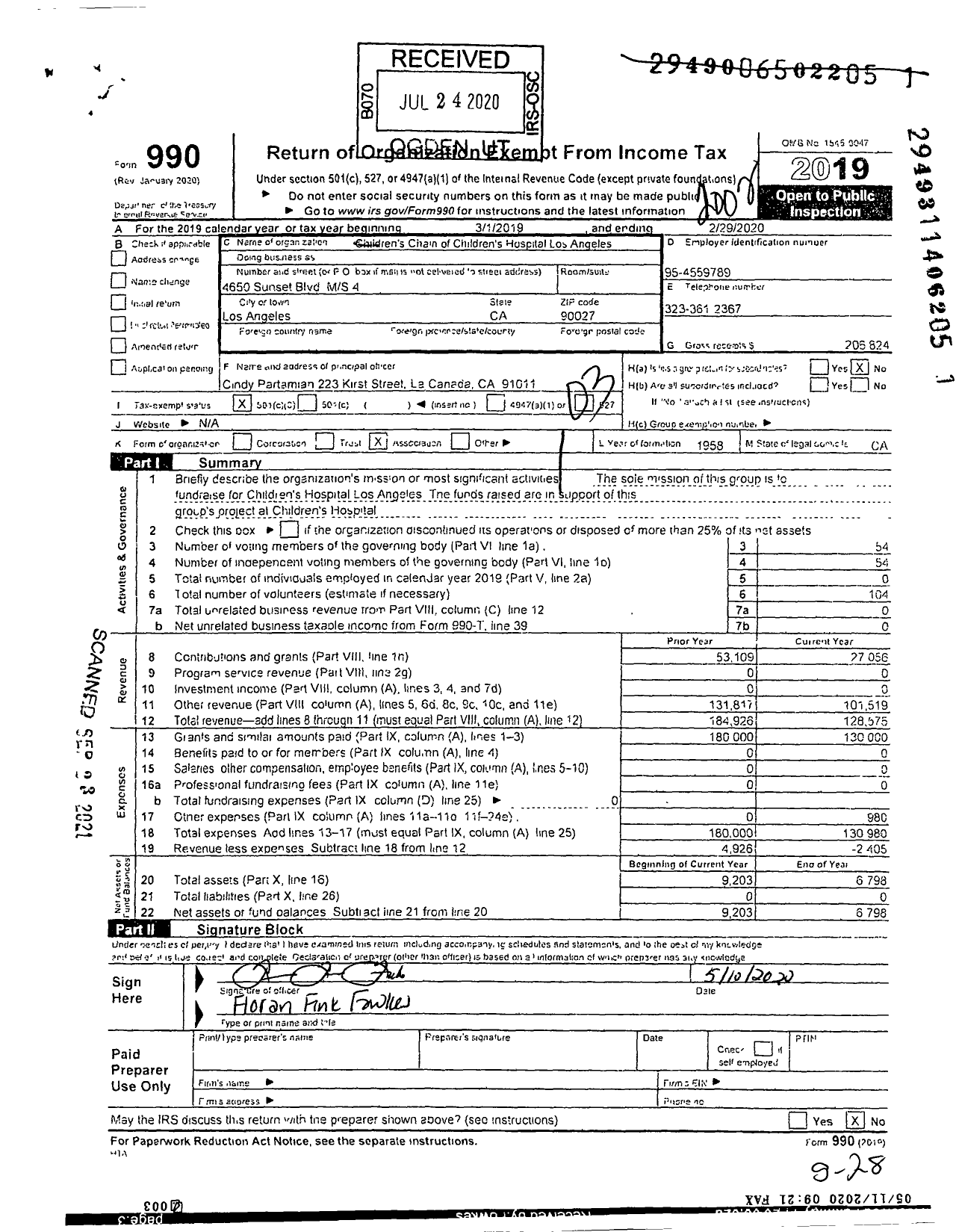 Image of first page of 2019 Form 990 for Children's Chain of Children's Hospital Los Angeles