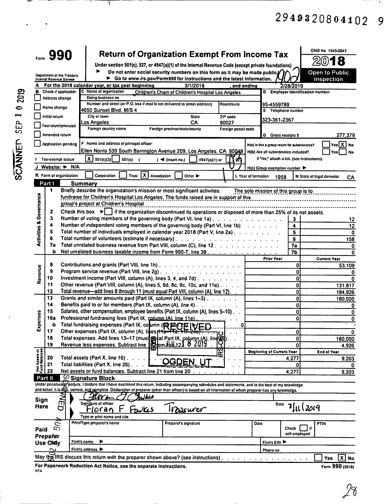 Image of first page of 2018 Form 990 for Children's Chain of Children's Hospital Los Angeles