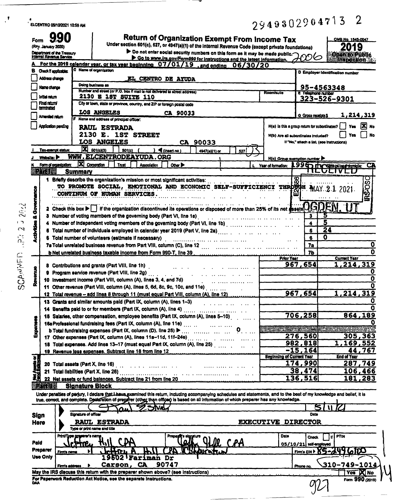 Image of first page of 2019 Form 990 for El Centro De Ayuda