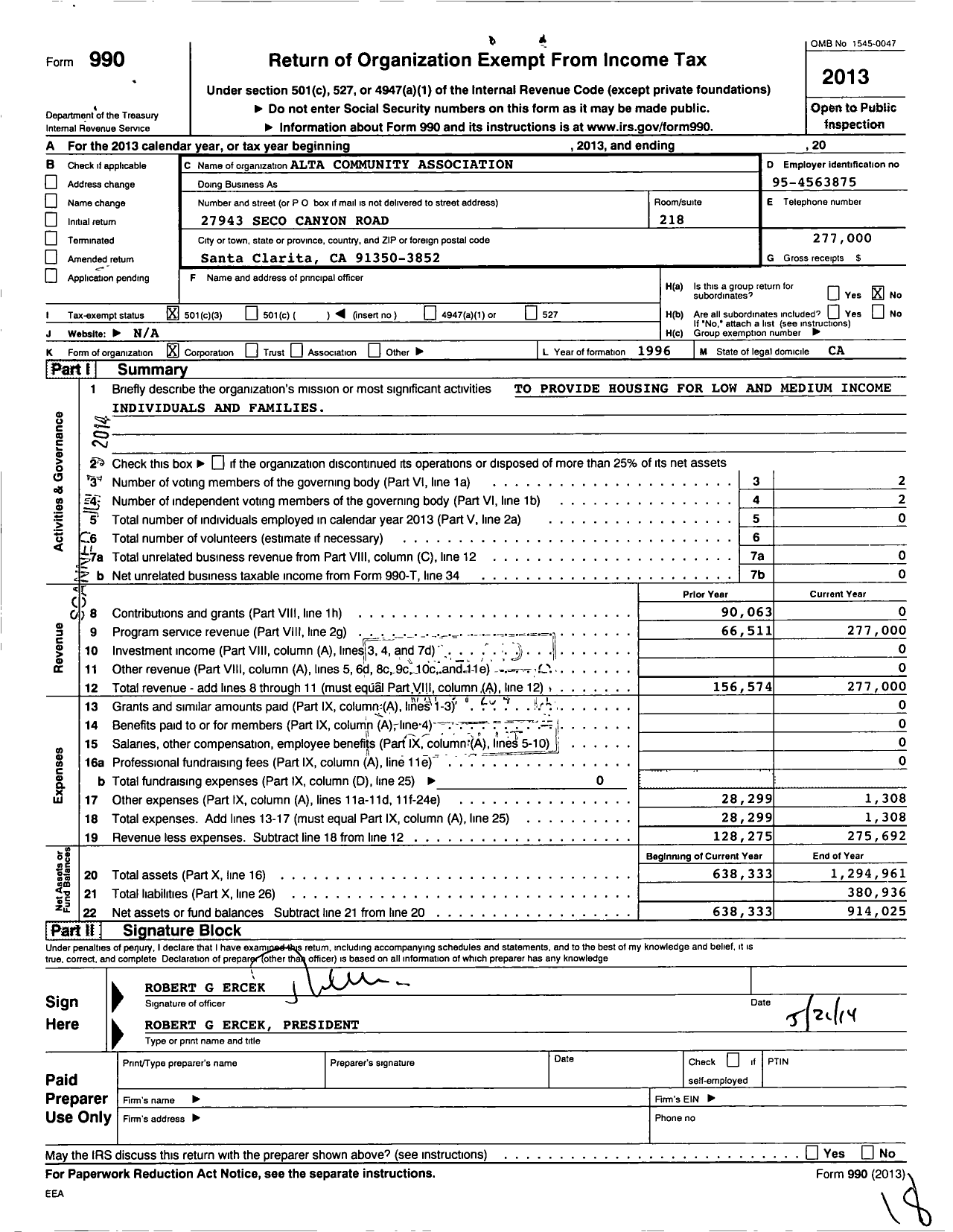 Image of first page of 2013 Form 990 for Alta Community Association