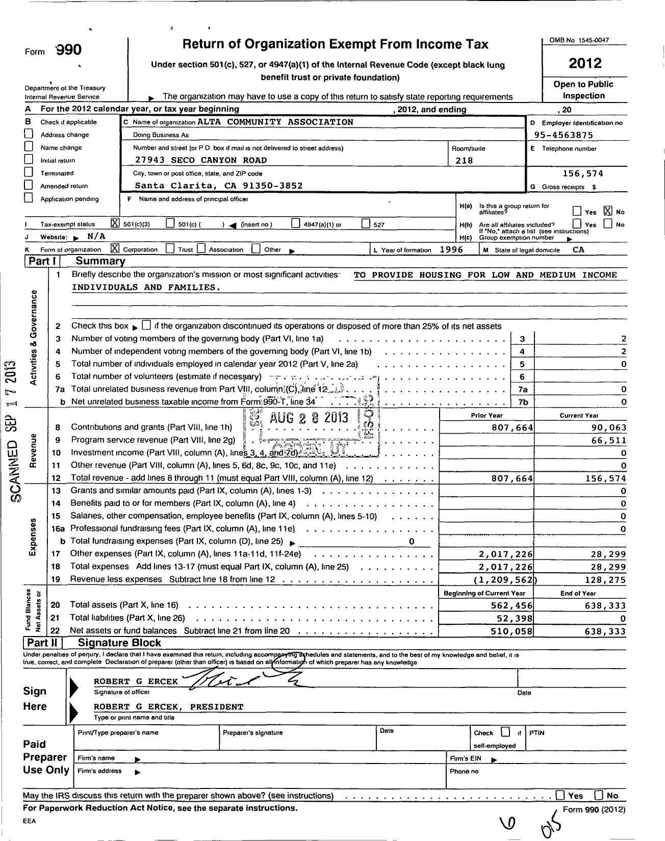 Image of first page of 2012 Form 990 for Alta Community Association