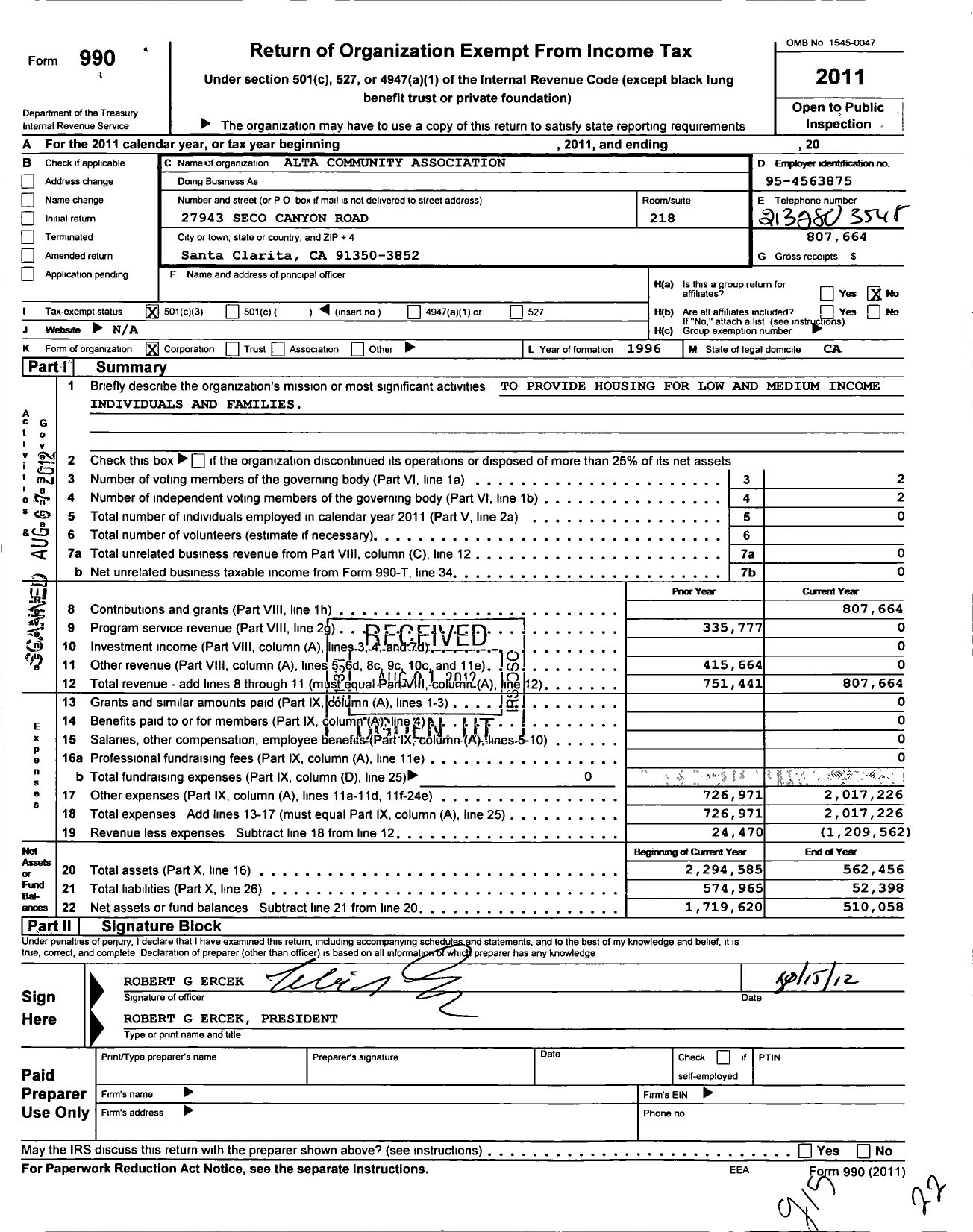 Image of first page of 2011 Form 990 for Alta Community Association