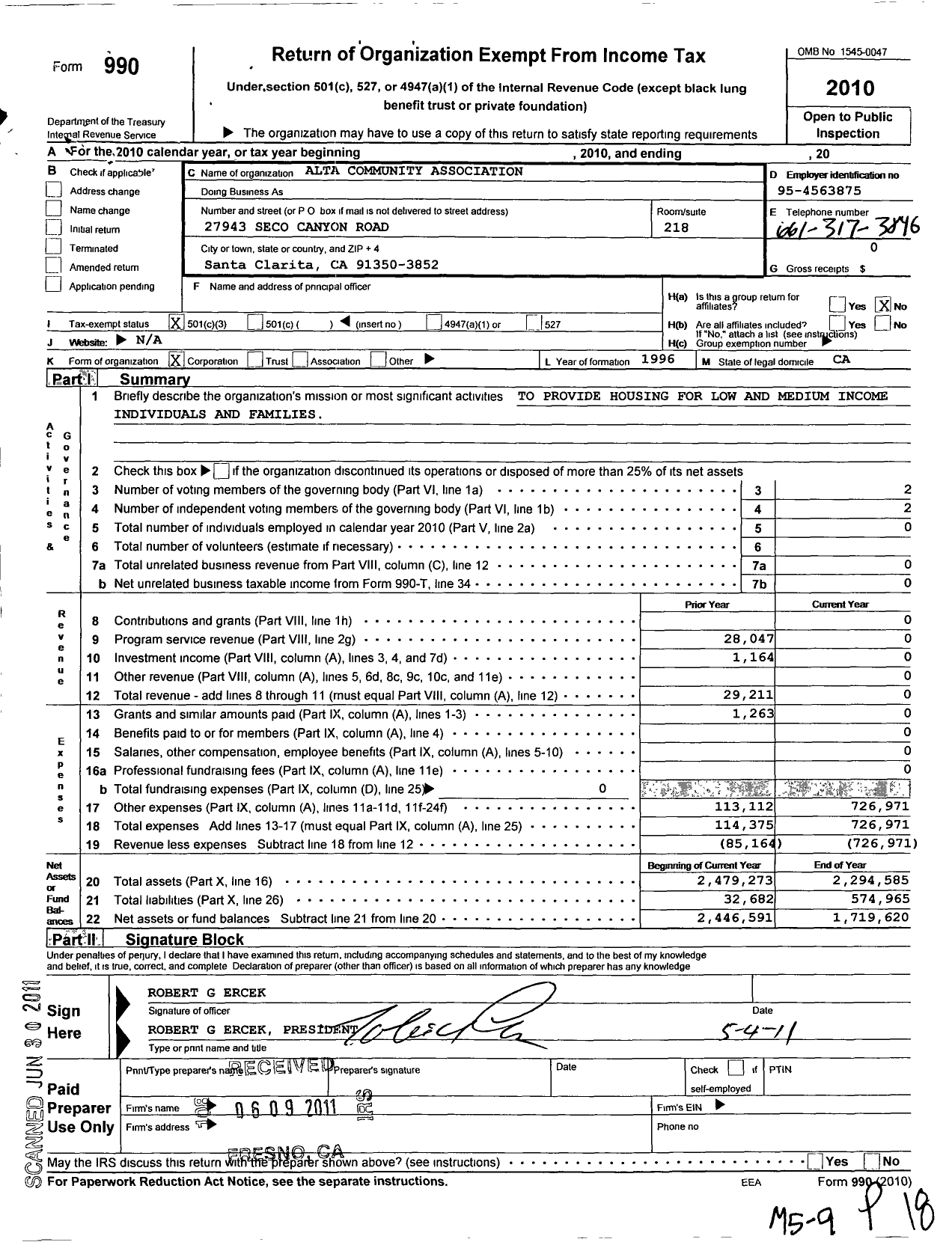 Image of first page of 2010 Form 990 for Alta Community Association