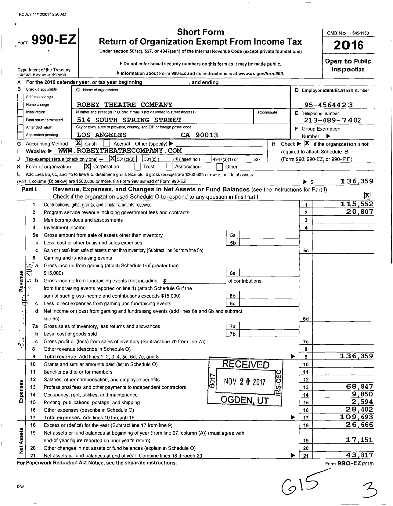 Image of first page of 2016 Form 990EZ for The Robey Theatre Company