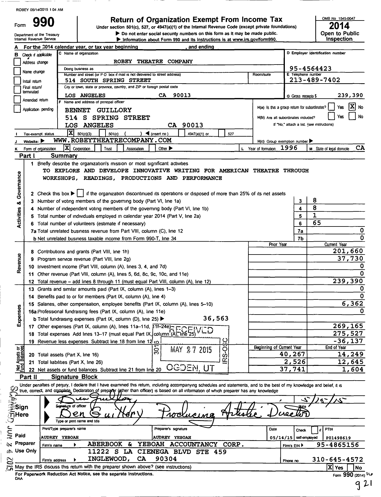 Image of first page of 2014 Form 990 for The Robey Theatre Company