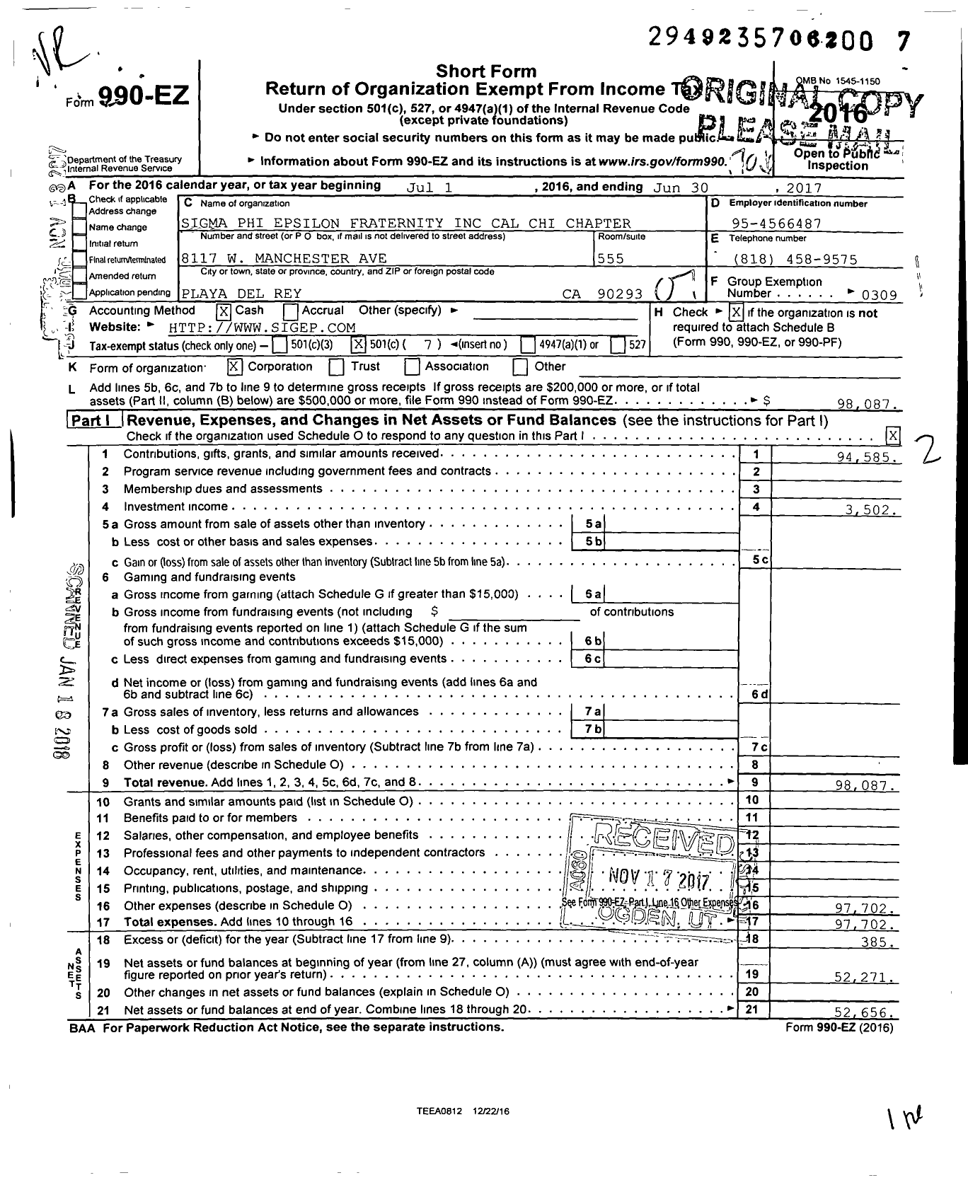 Image of first page of 2016 Form 990EO for Sigma Phi Epsilon - Ca Chi Chapter