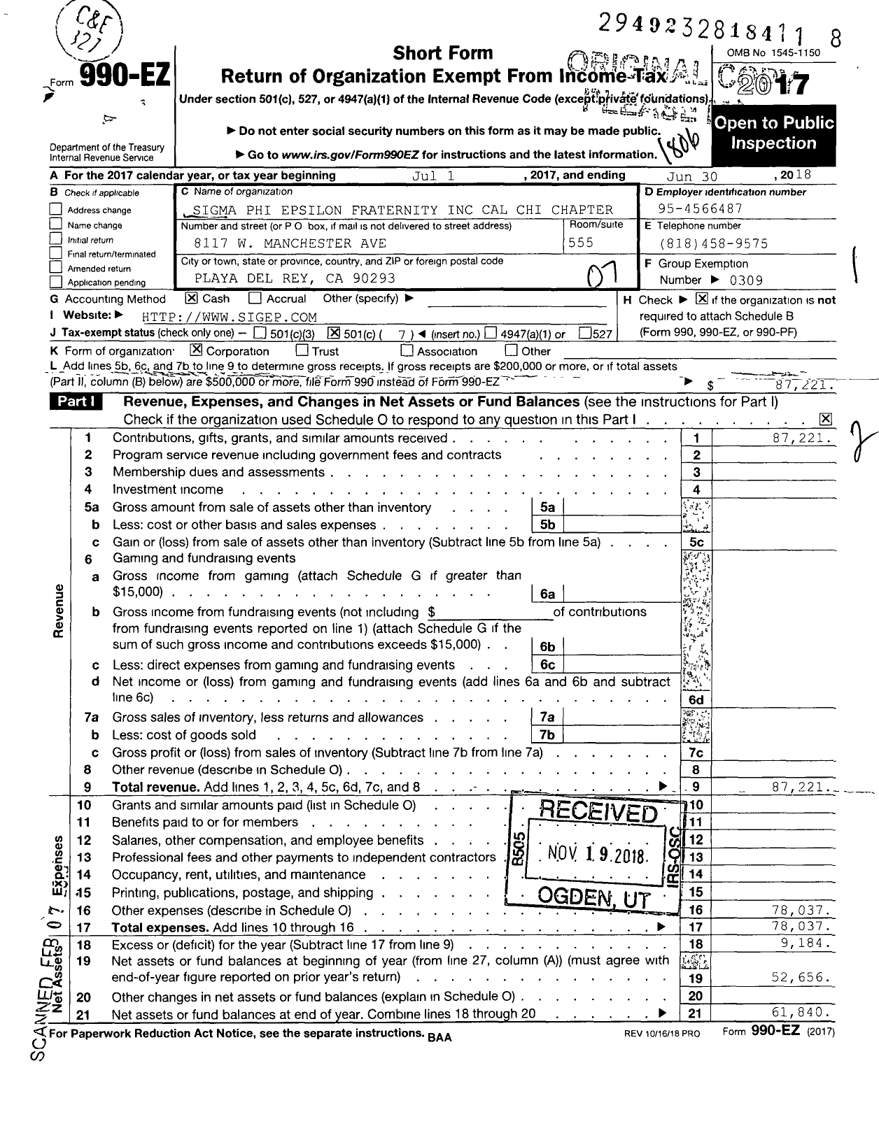 Image of first page of 2017 Form 990EO for Sigma Phi Epsilon - Ca Chi Chapter