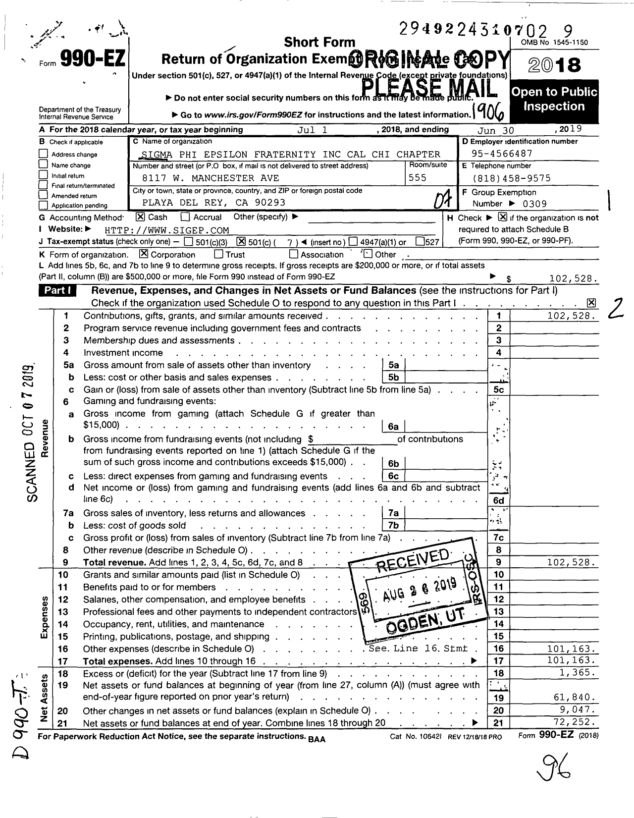 Image of first page of 2018 Form 990EO for Sigma Phi Epsilon - Ca Chi Chapter