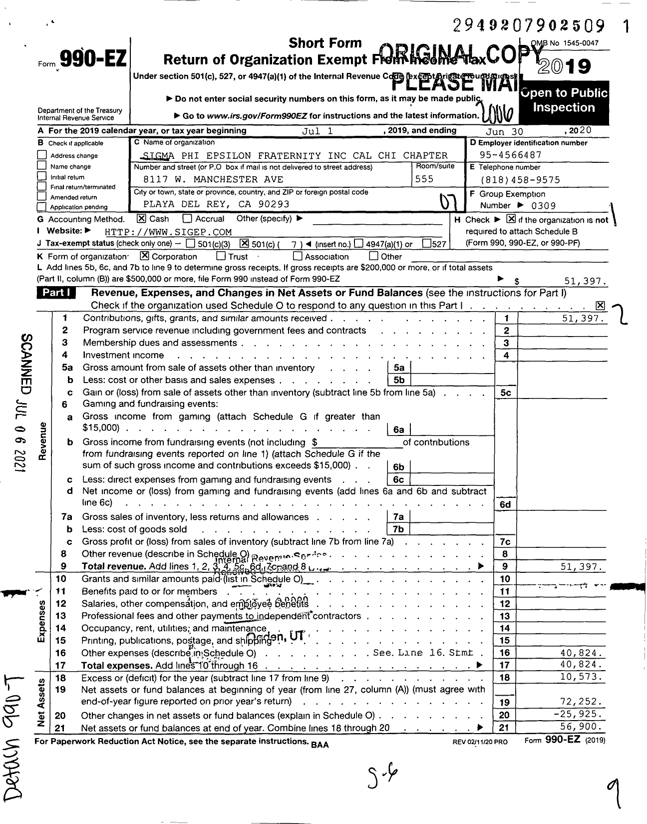 Image of first page of 2019 Form 990EO for Sigma Phi Epsilon - Ca Chi Chapter