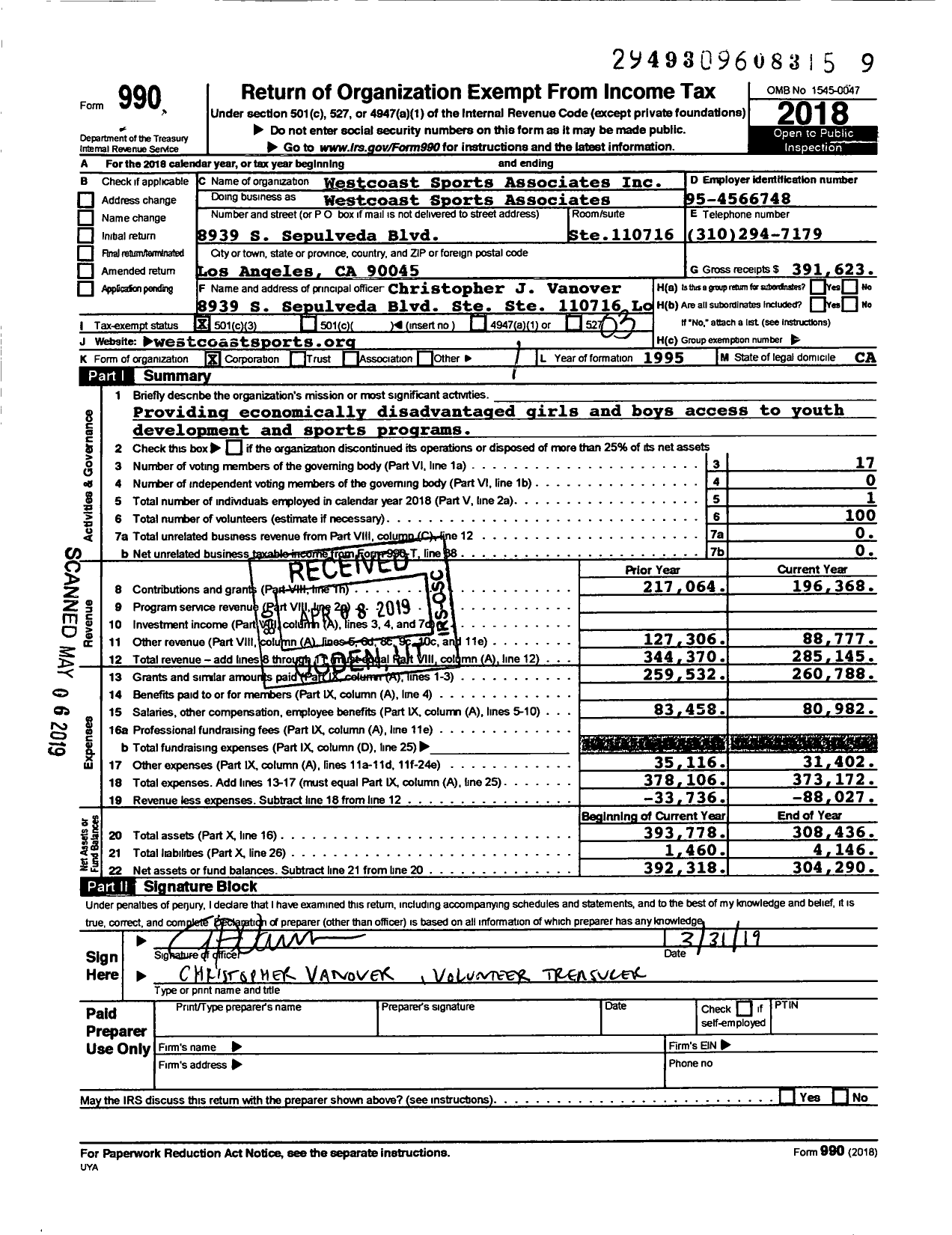 Image of first page of 2018 Form 990 for Westcoast Sports Associates
