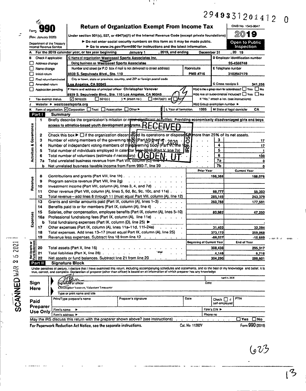 Image of first page of 2019 Form 990 for Westcoast Sports Associates