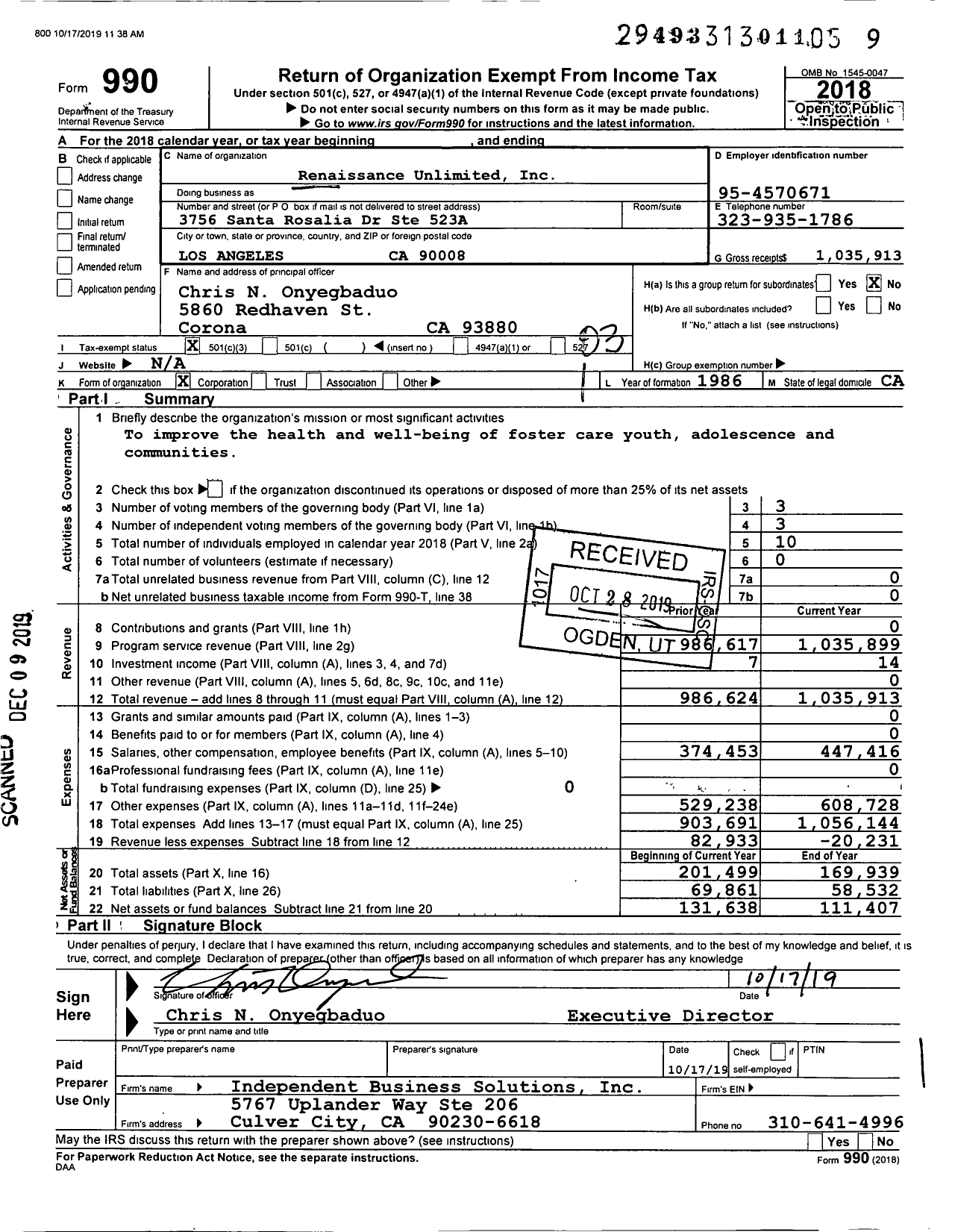 Image of first page of 2018 Form 990 for Renaissance Unlimited Homes