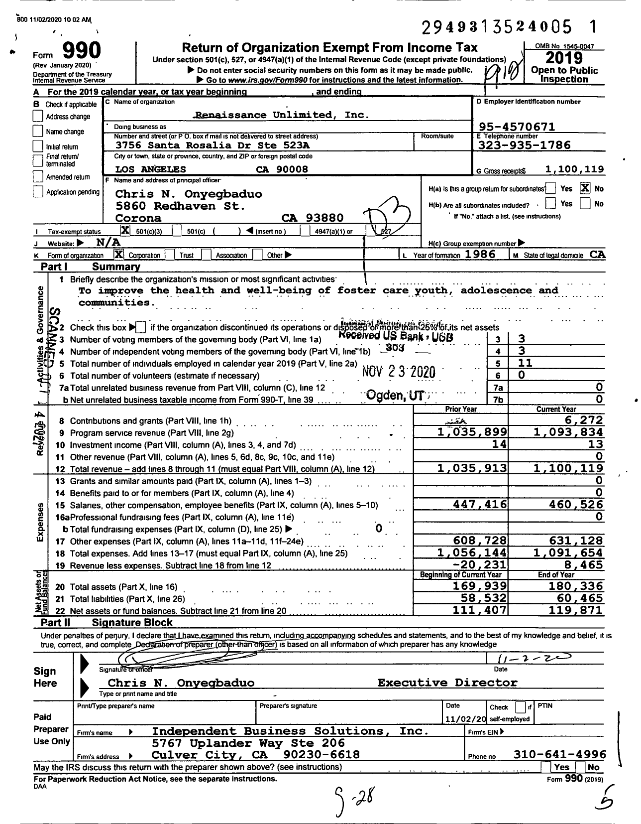 Image of first page of 2019 Form 990 for Renaissance Unlimited Homes