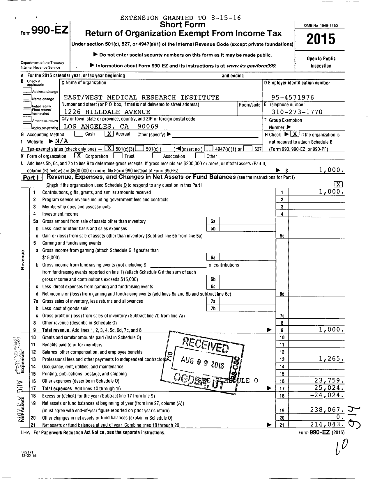 Image of first page of 2015 Form 990EZ for Eastwest Medical Research Institute