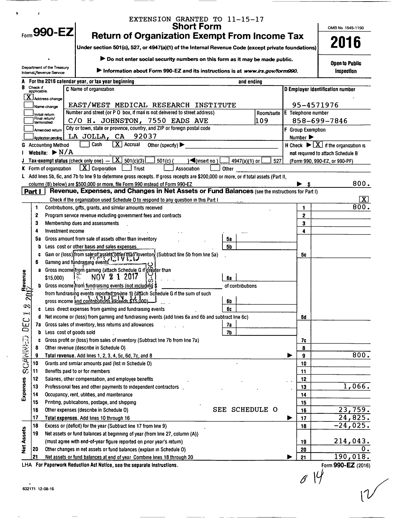 Image of first page of 2016 Form 990EZ for Eastwest Medical Research Institute