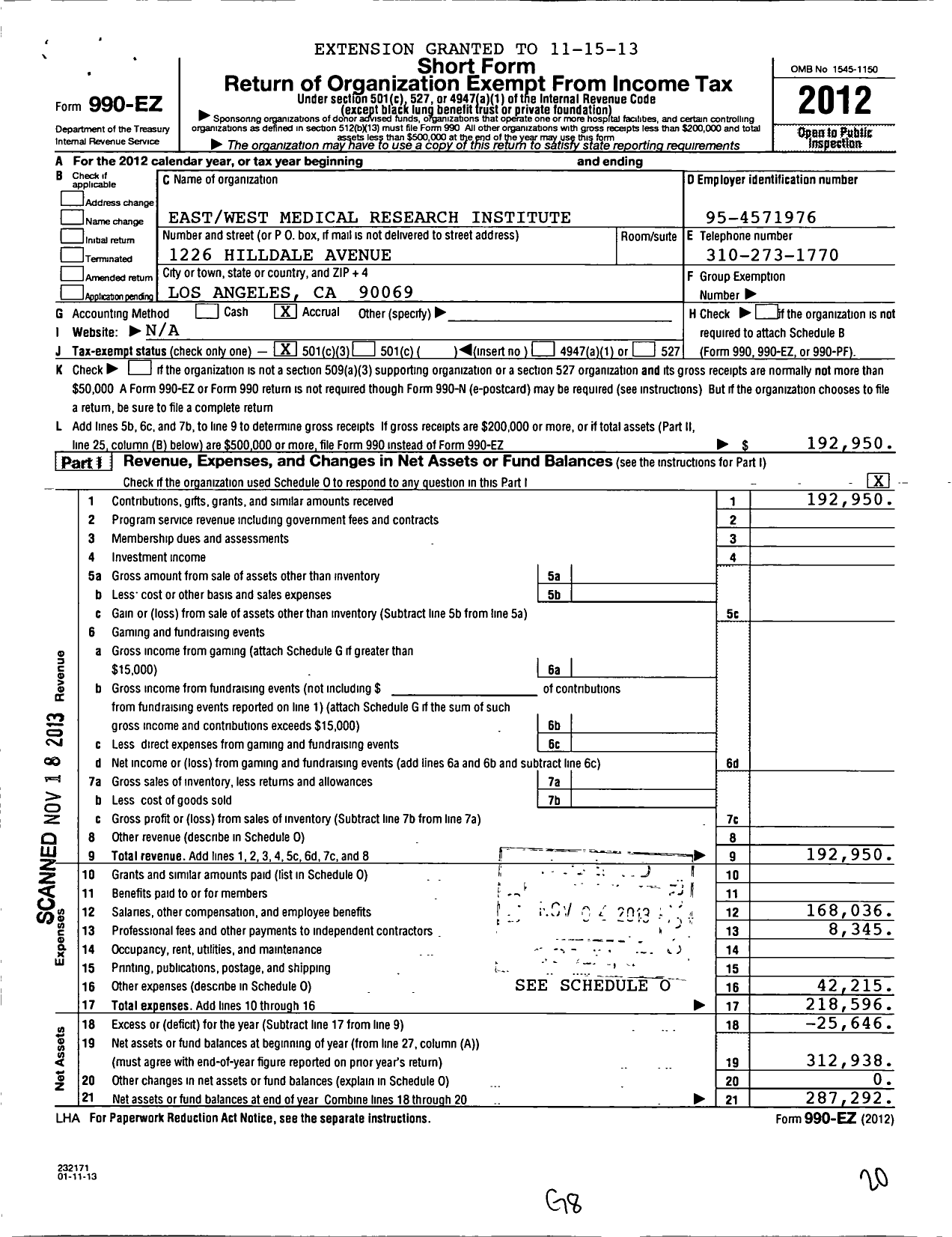 Image of first page of 2012 Form 990EZ for Eastwest Medical Research Institute