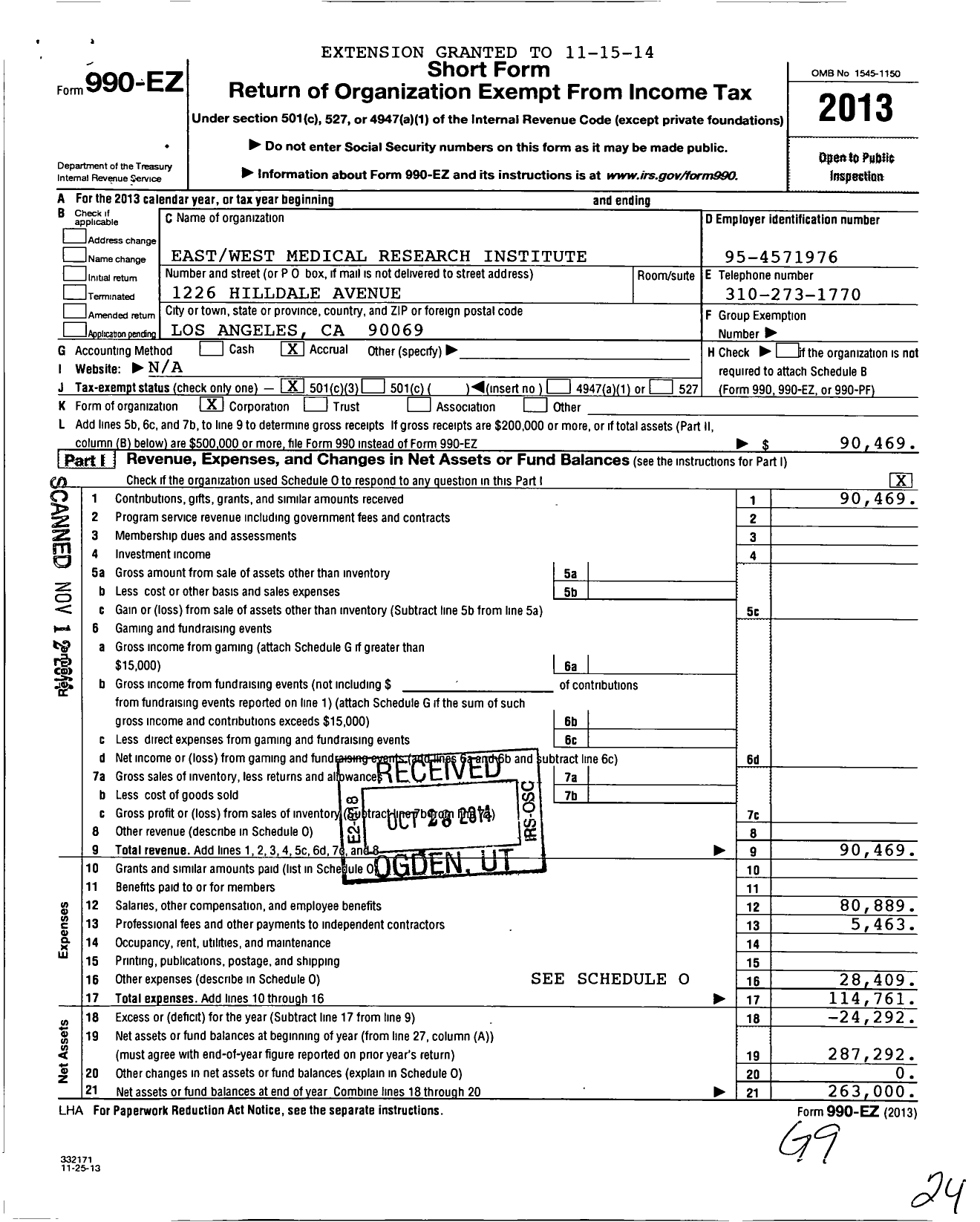 Image of first page of 2013 Form 990EZ for Eastwest Medical Research Institute