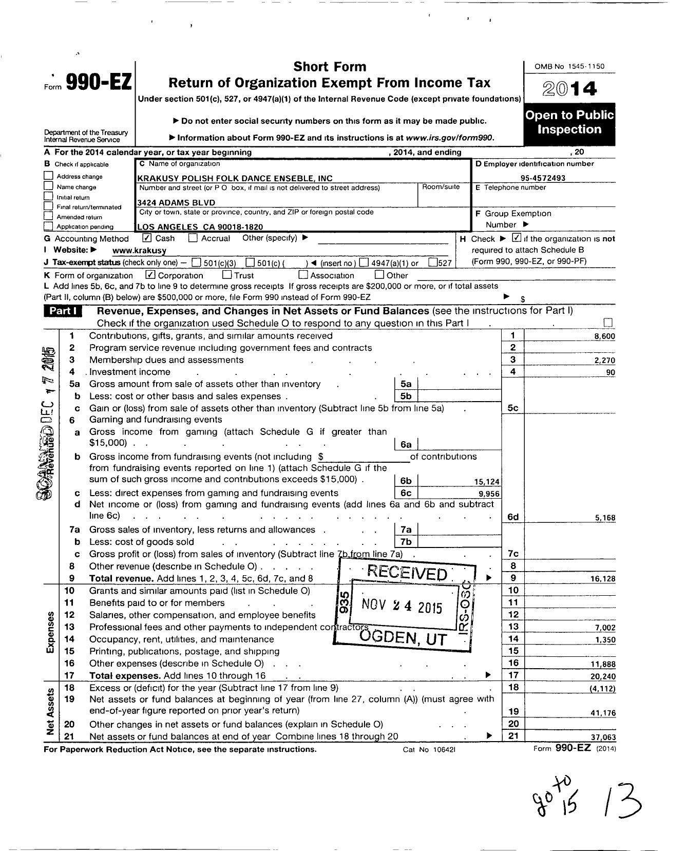 Image of first page of 2014 Form 990EO for Krakusy Polish Folk Dance Ensemble