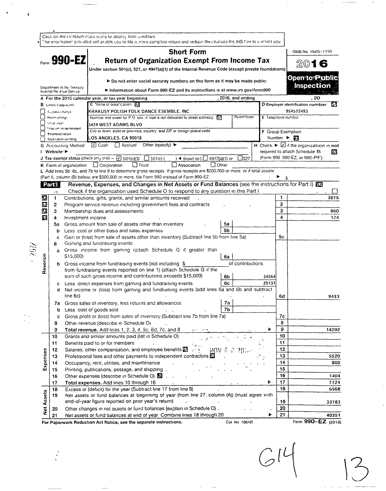 Image of first page of 2016 Form 990EZ for Krakusy Polish Folk Dance Ensemble