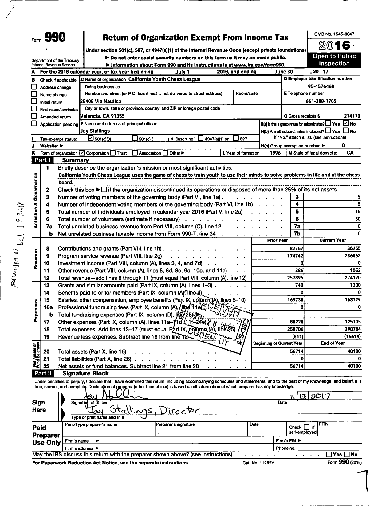 Image of first page of 2016 Form 990 for California Youth Chess League