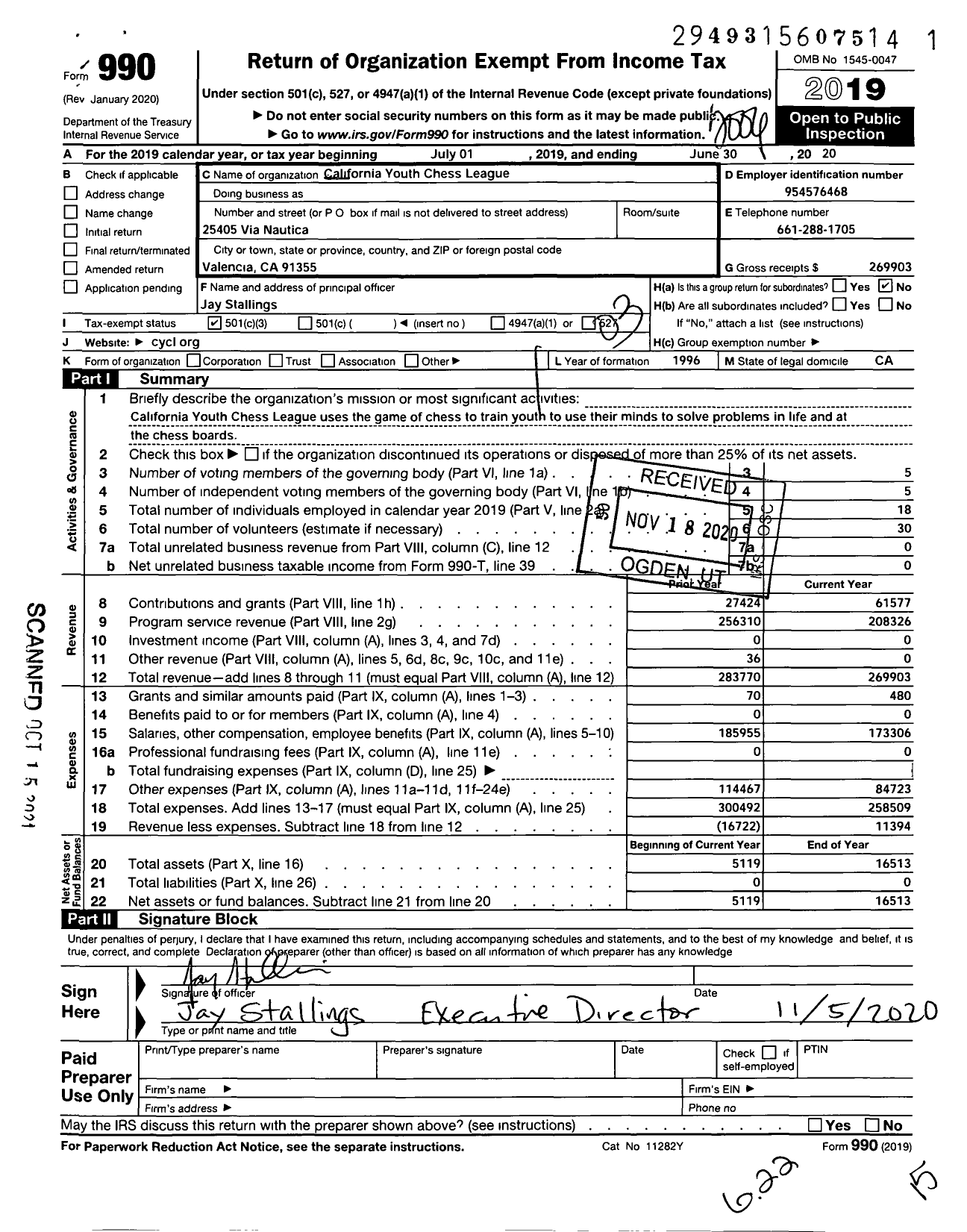 Image of first page of 2019 Form 990 for California Youth Chess League