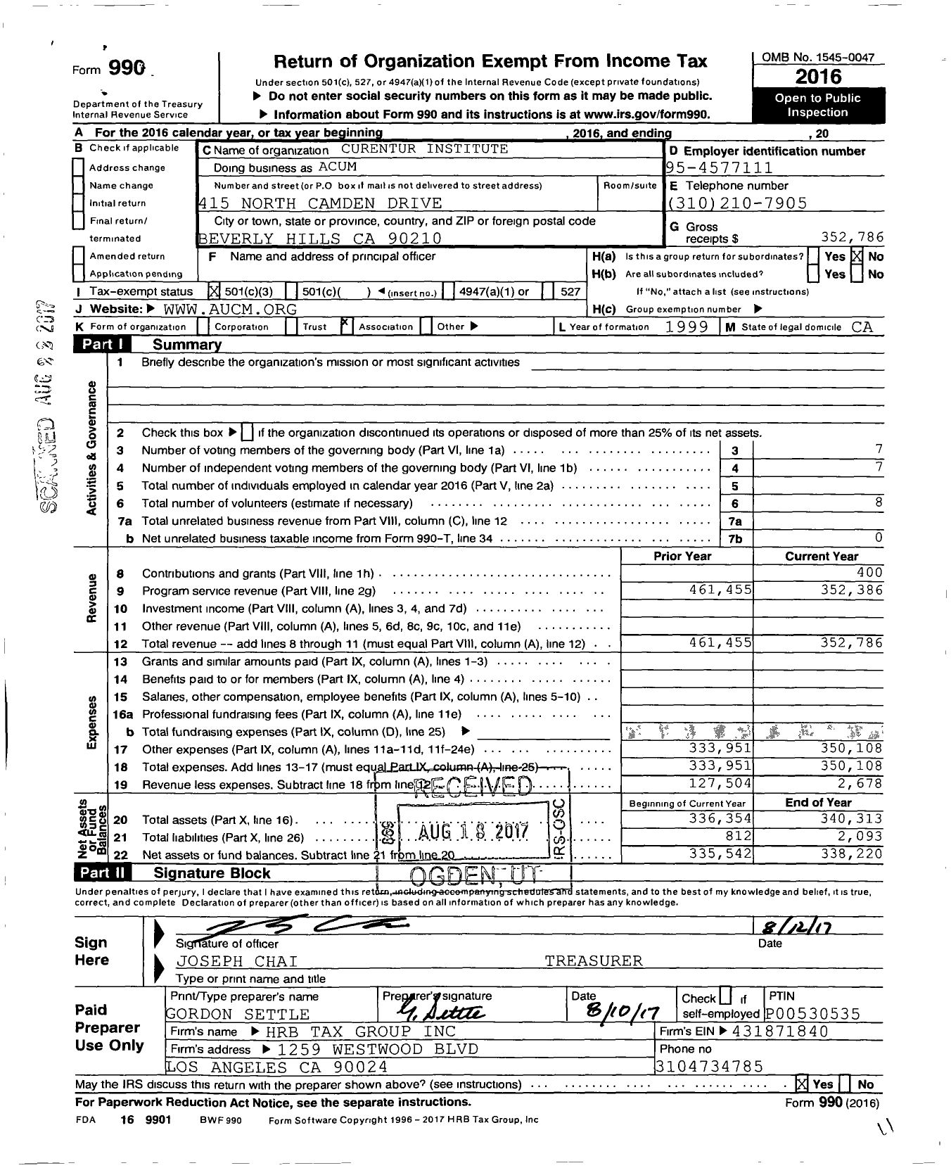 Image of first page of 2016 Form 990 for Curentur Institute