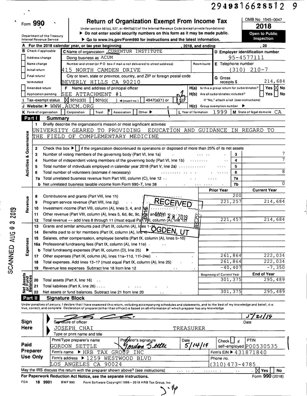 Image of first page of 2018 Form 990 for Curentur Institute