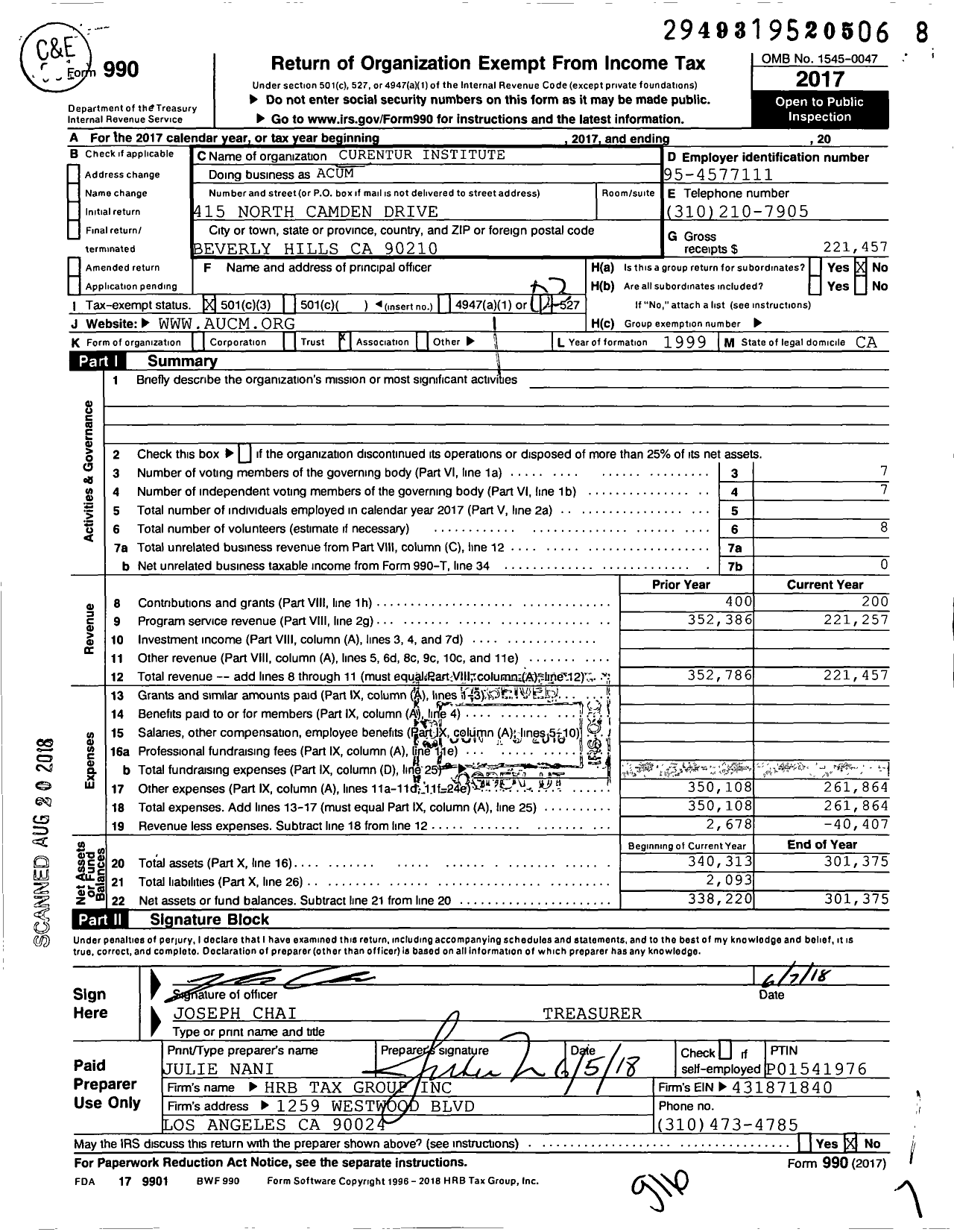 Image of first page of 2017 Form 990 for Curentur Institute