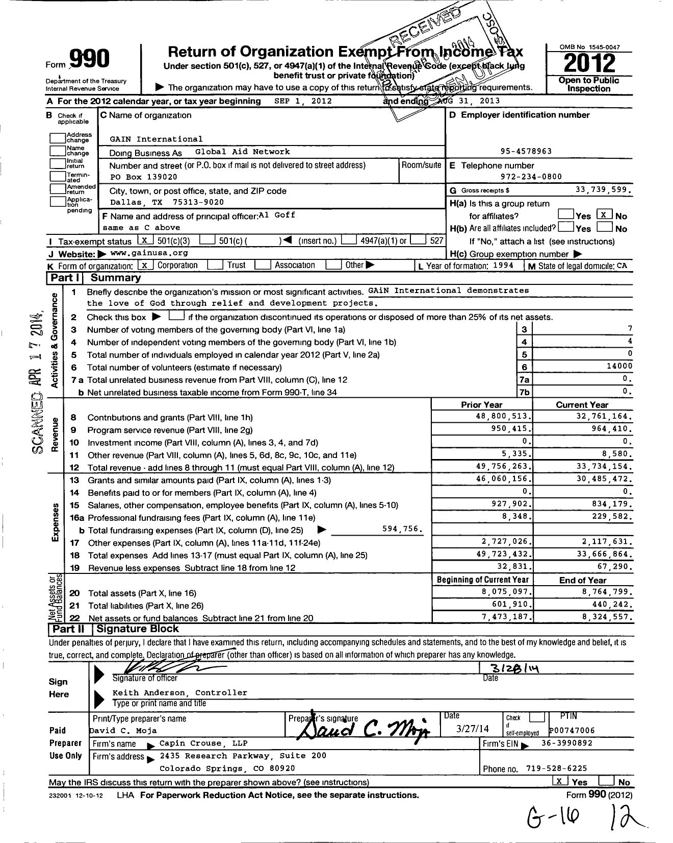 Image of first page of 2012 Form 990 for Global Aid Network (GAiN)