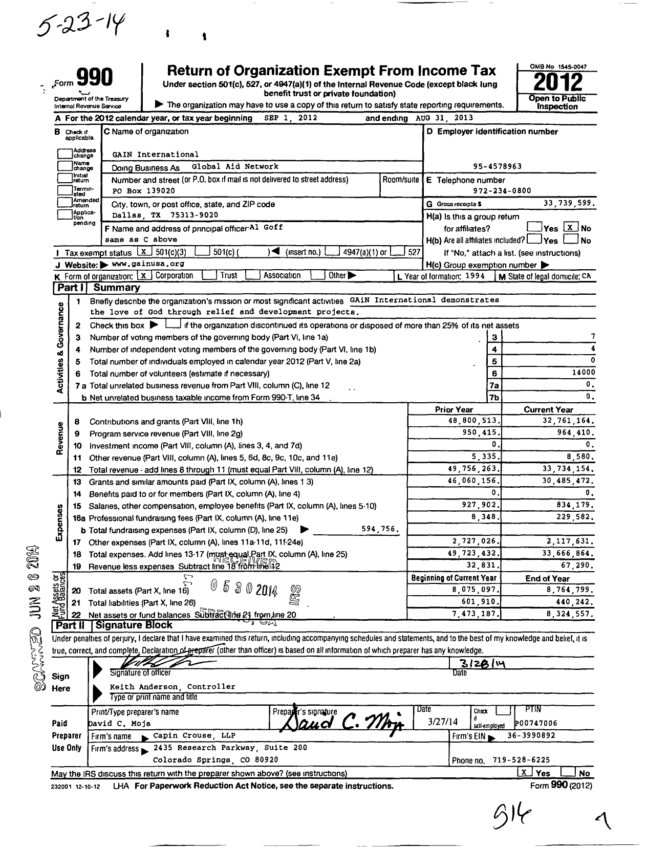 Image of first page of 2012 Form 990 for Global Aid Network (GAiN)