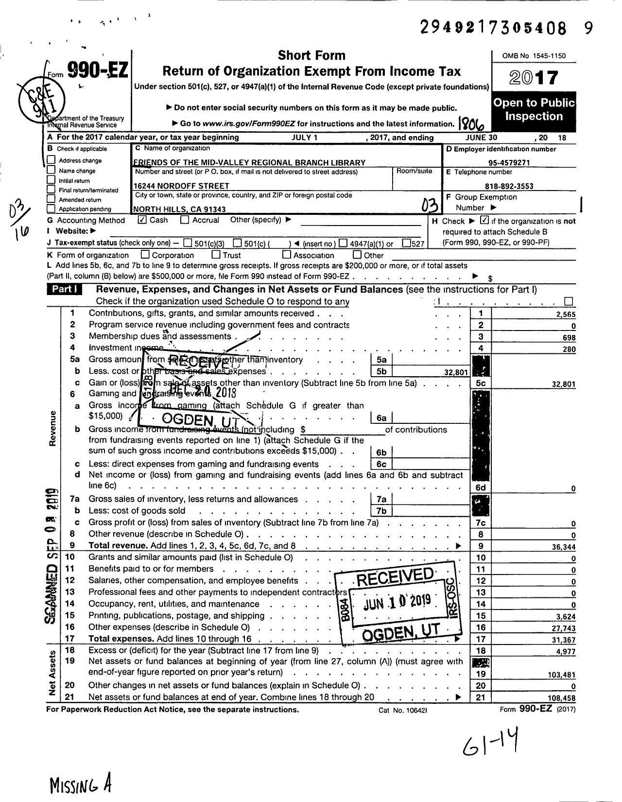 Image of first page of 2017 Form 990EZ for Mid-Valley Branch of the Los Angeles Public Library