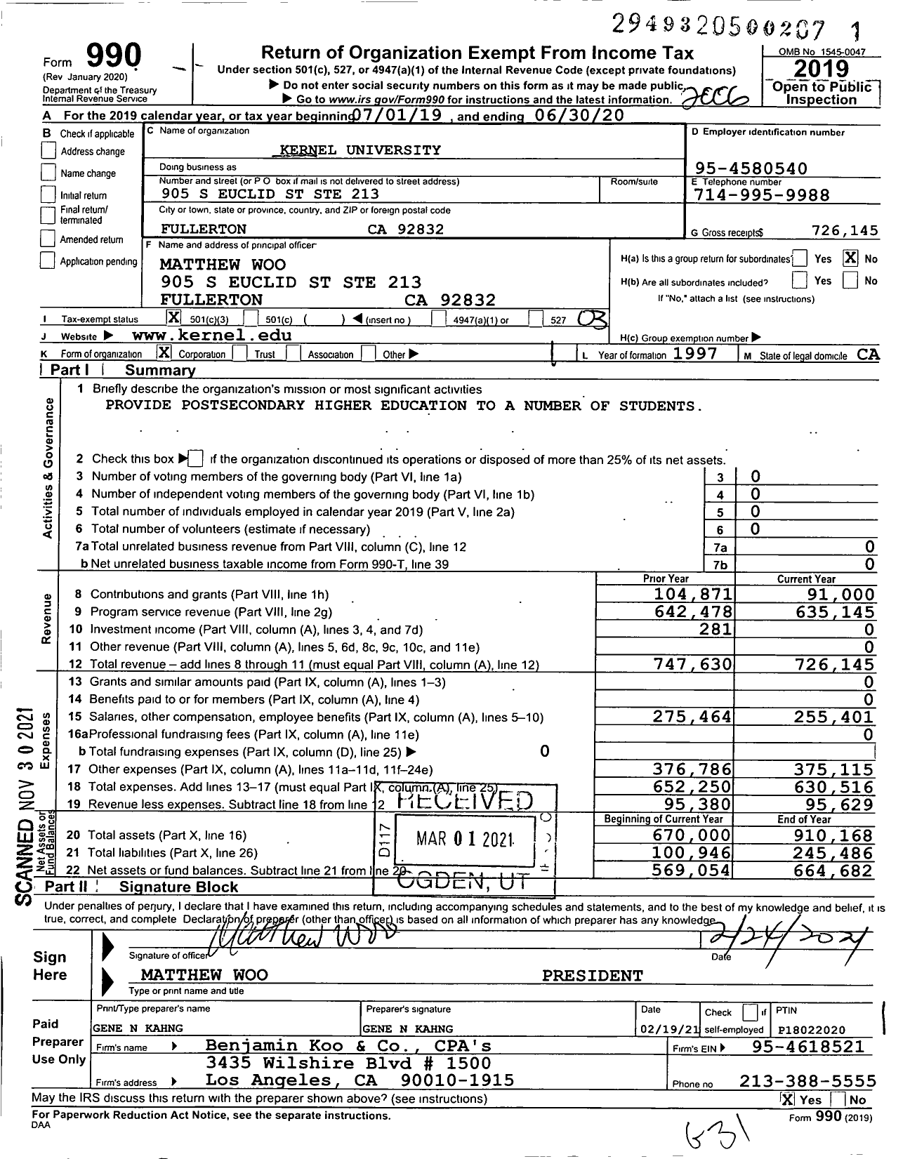 Image of first page of 2019 Form 990 for Kernel University