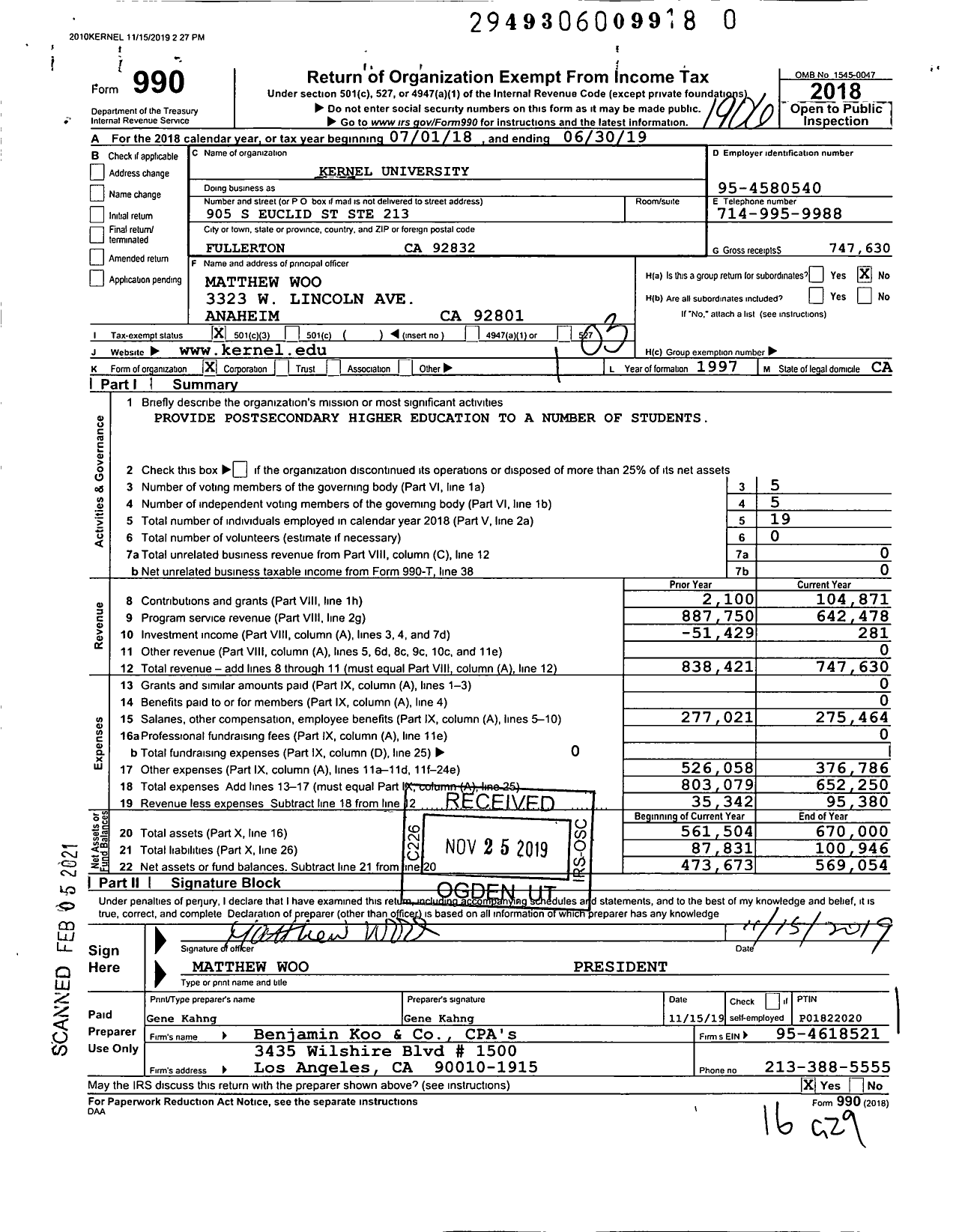 Image of first page of 2018 Form 990 for Kernel University