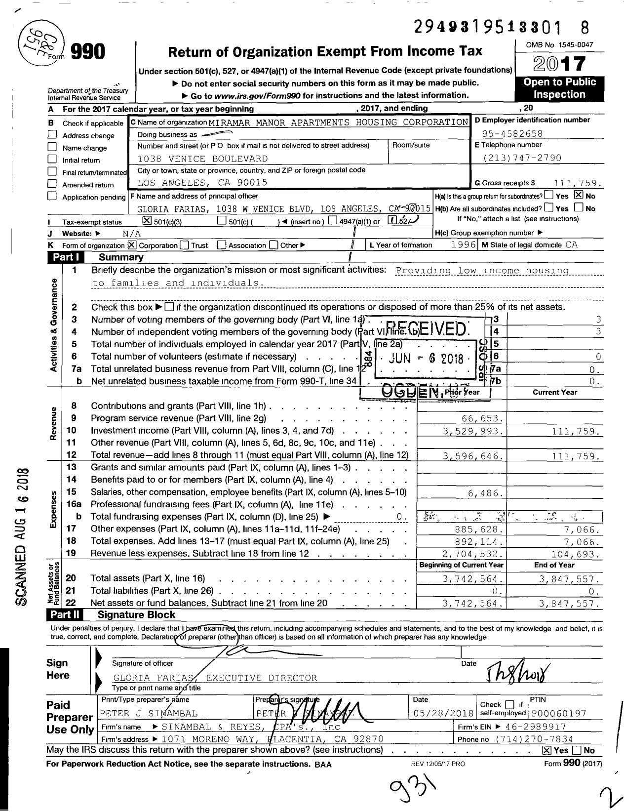 Image of first page of 2017 Form 990 for Miramar Manor Apartments Housing Corporation