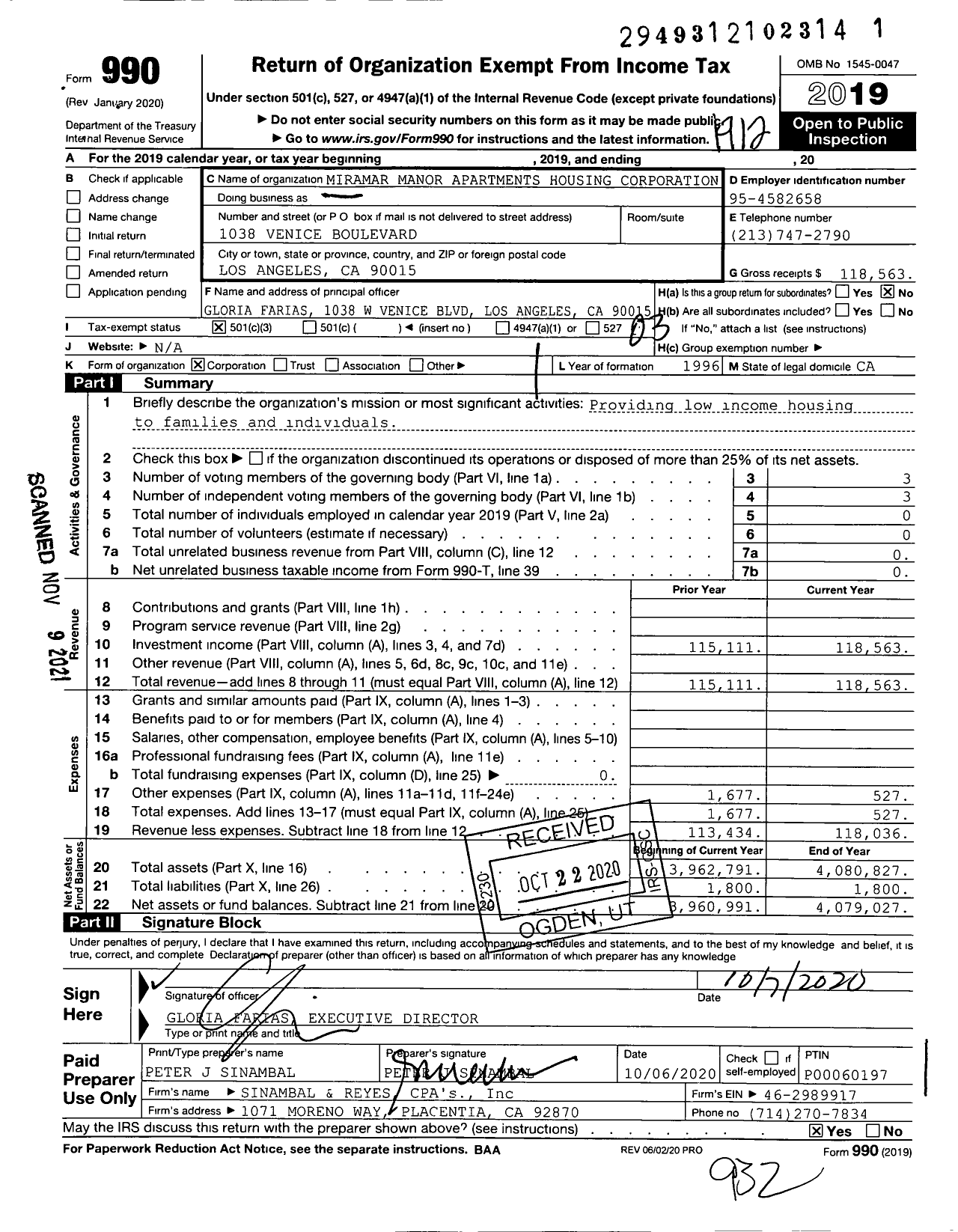 Image of first page of 2019 Form 990 for Miramar Manor Apartments Housing Corporation