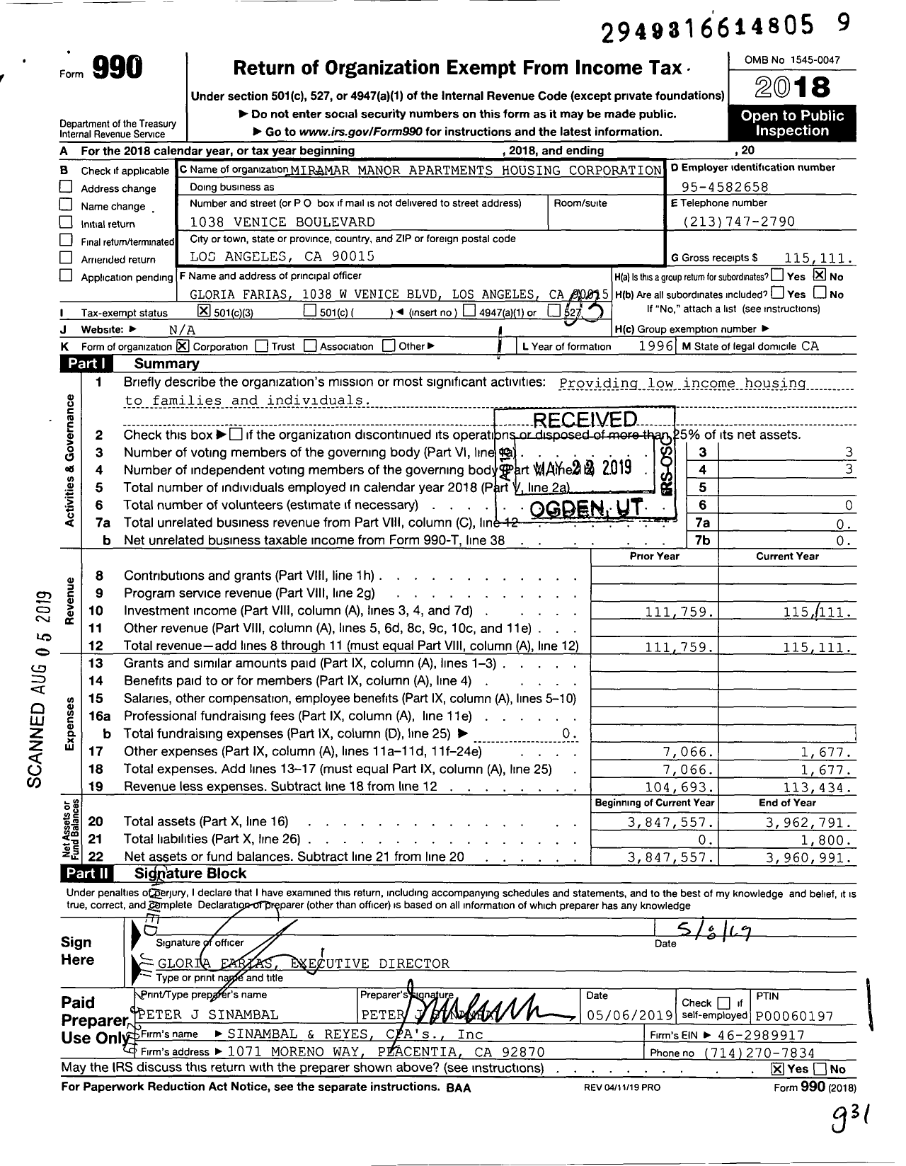 Image of first page of 2018 Form 990 for Miramar Manor Apartments Housing Corporation