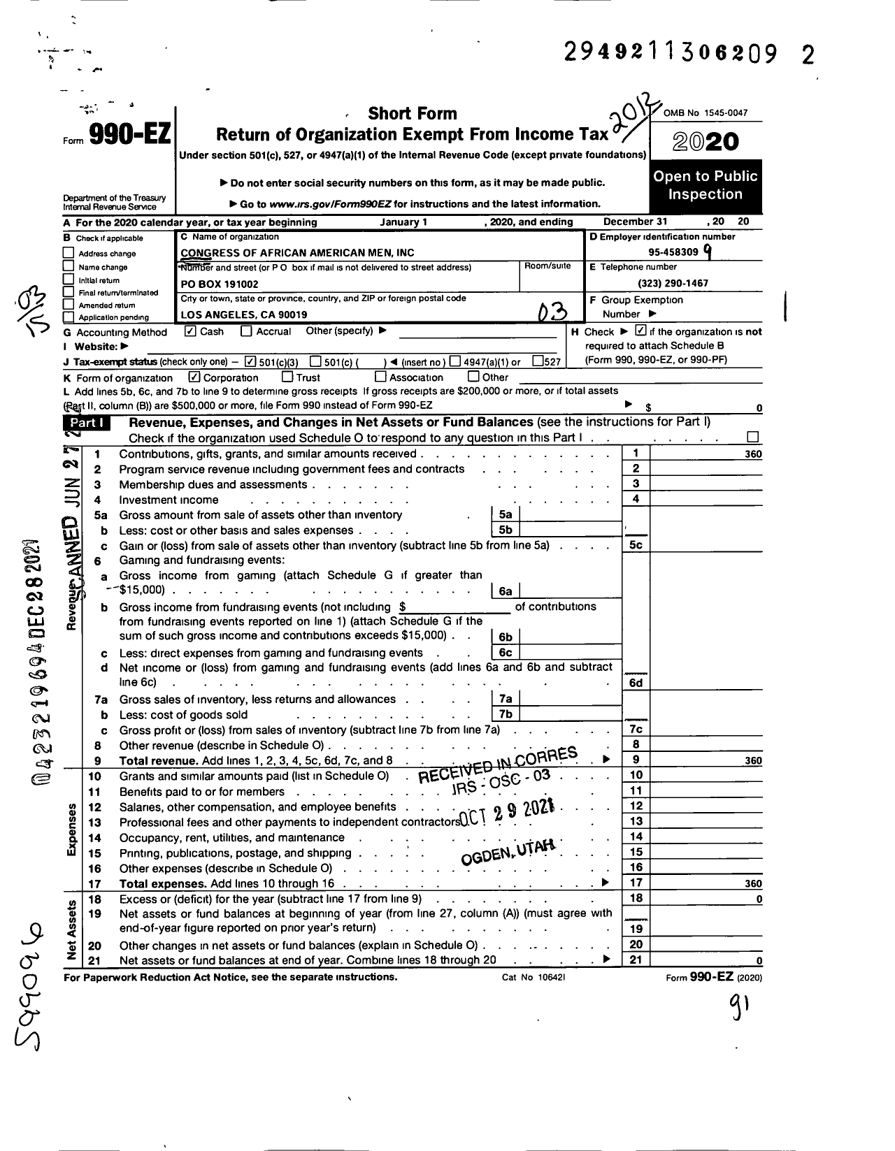 Image of first page of 2020 Form 990EZ for Congress of African American Men