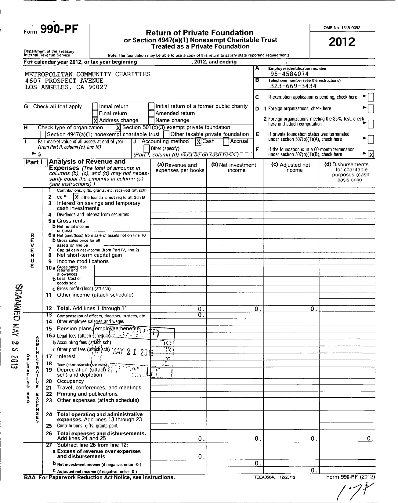 Image of first page of 2012 Form 990PF for Rainbow Advocacy