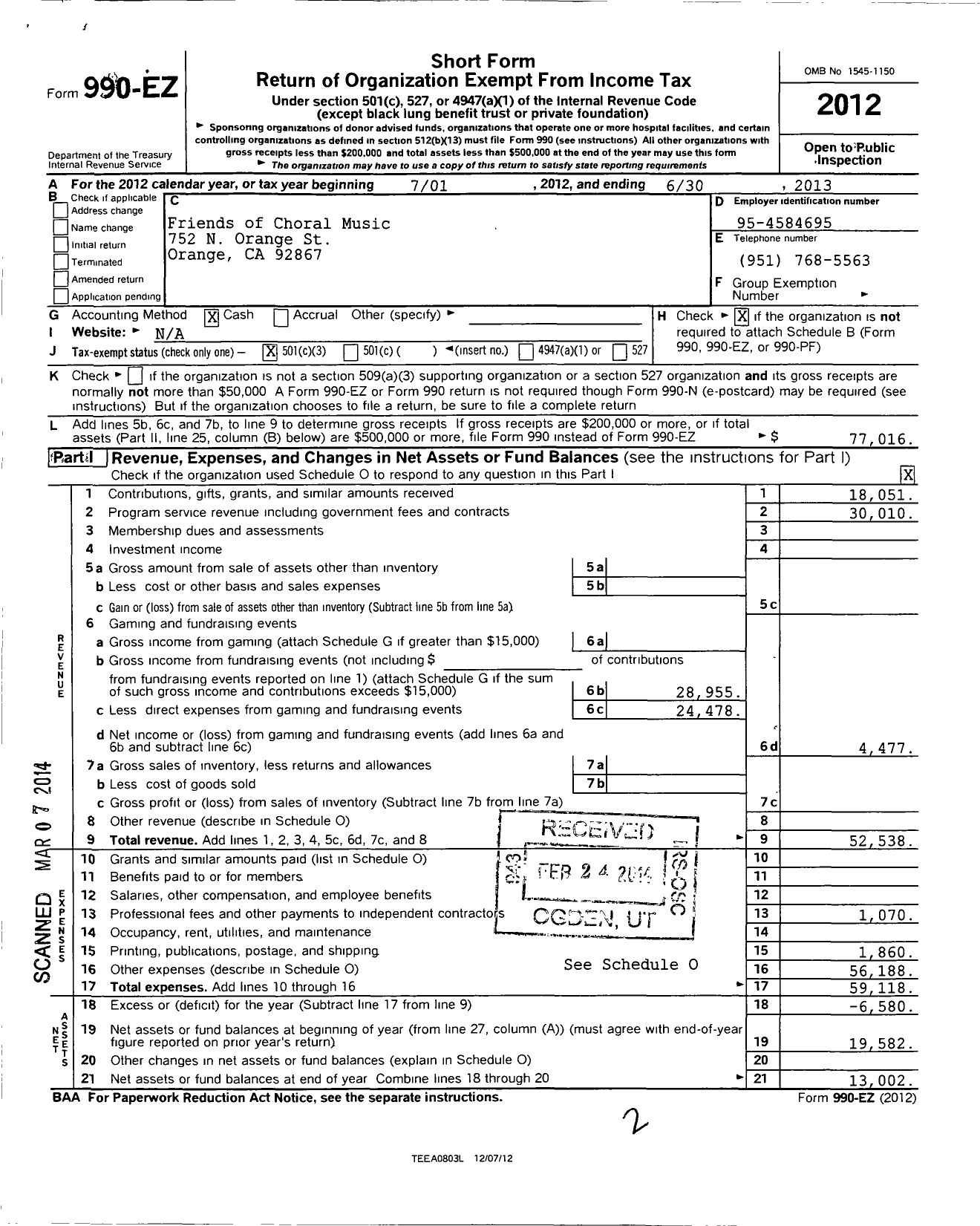 Image of first page of 2012 Form 990EZ for Friends of Choral Music