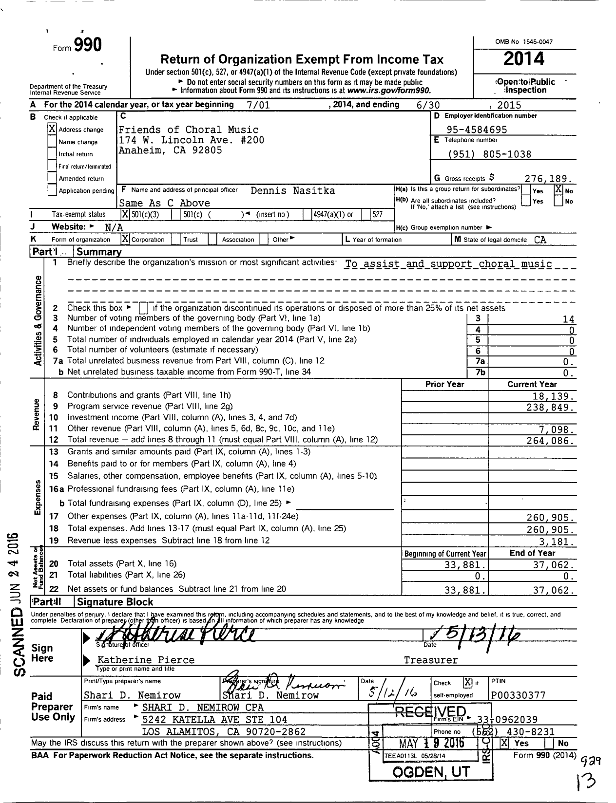 Image of first page of 2014 Form 990 for Friends of Choral Music