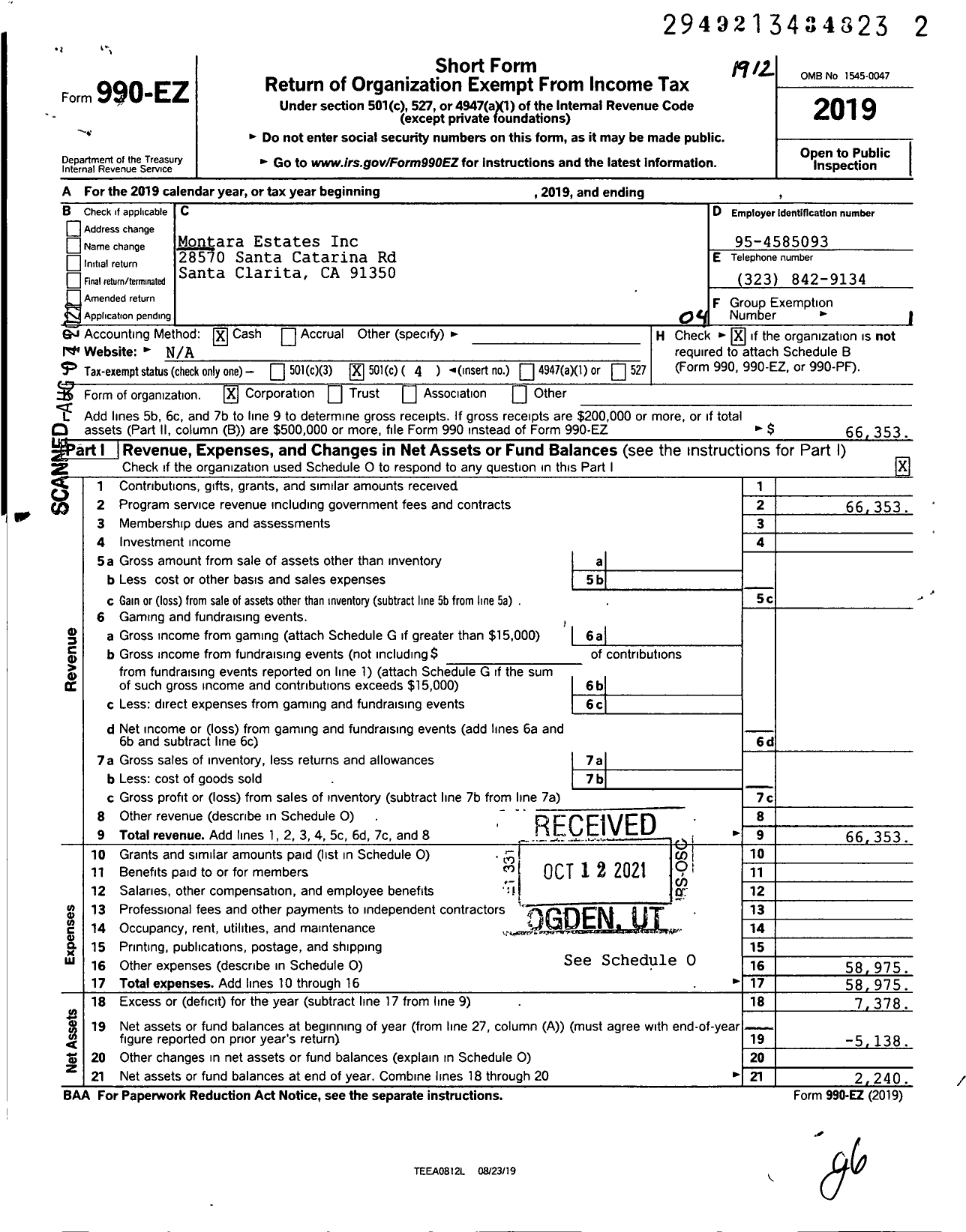 Image of first page of 2019 Form 990EO for Montara Estates