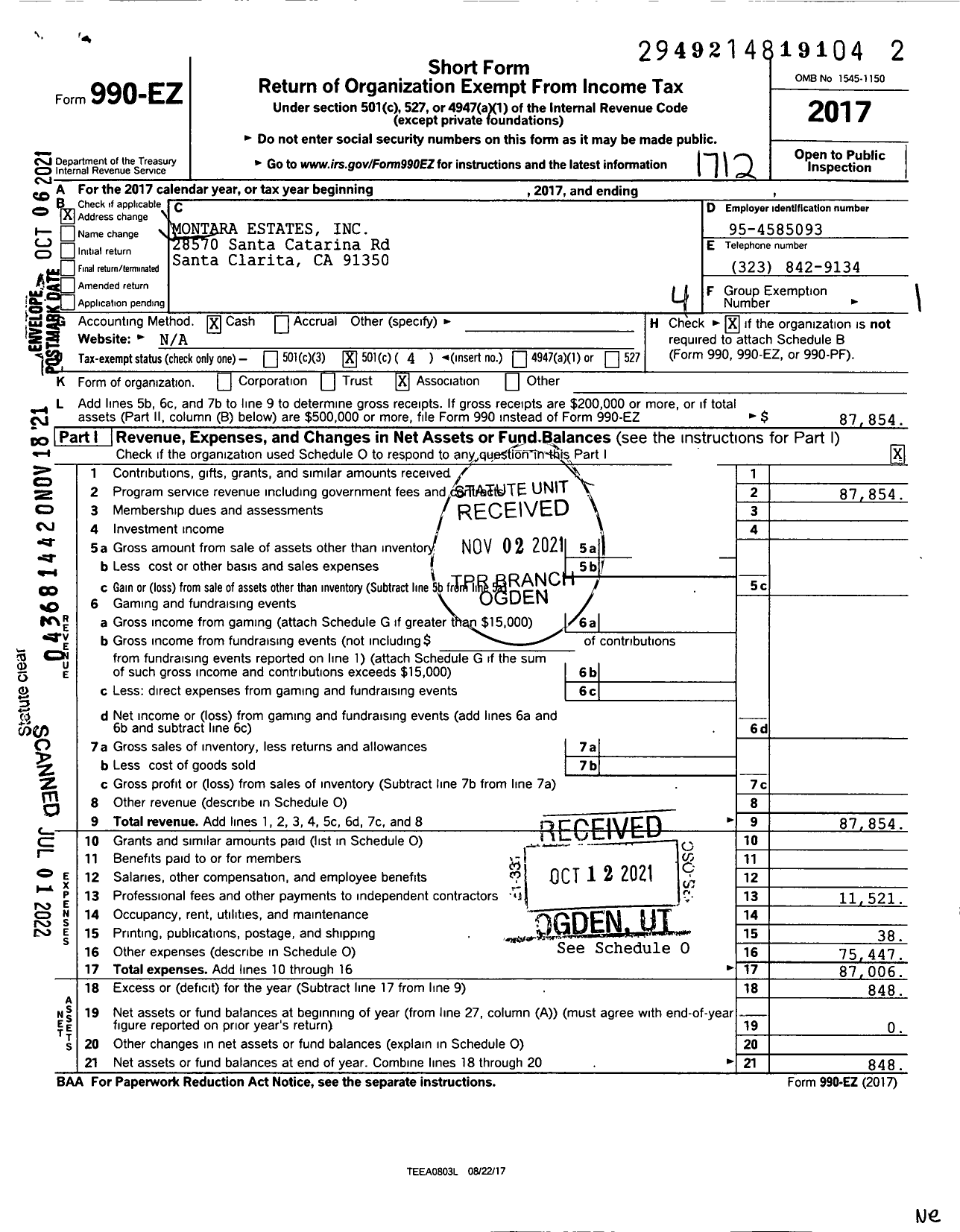 Image of first page of 2017 Form 990EO for Montara Estates