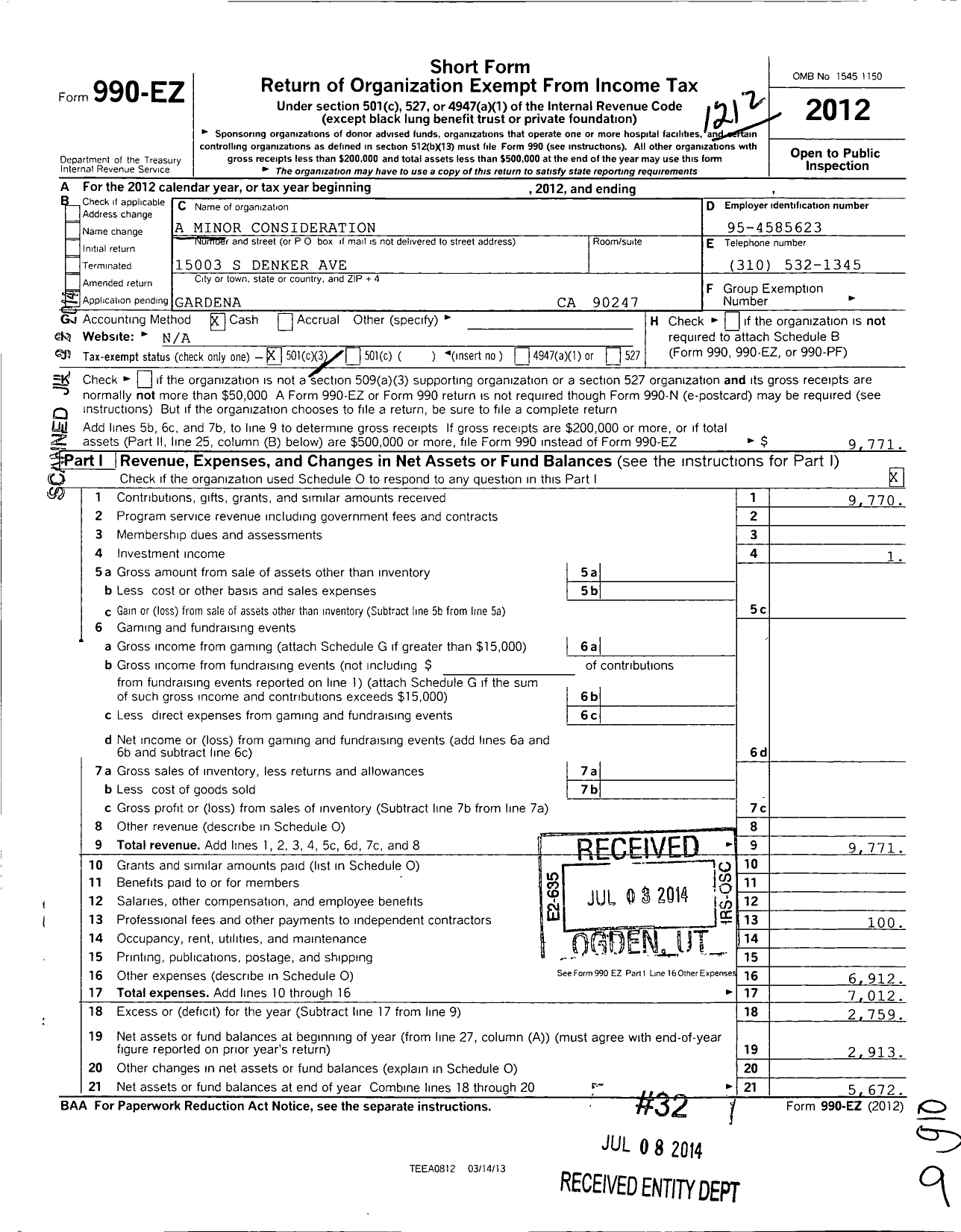 Image of first page of 2012 Form 990EZ for A Minor Consideration