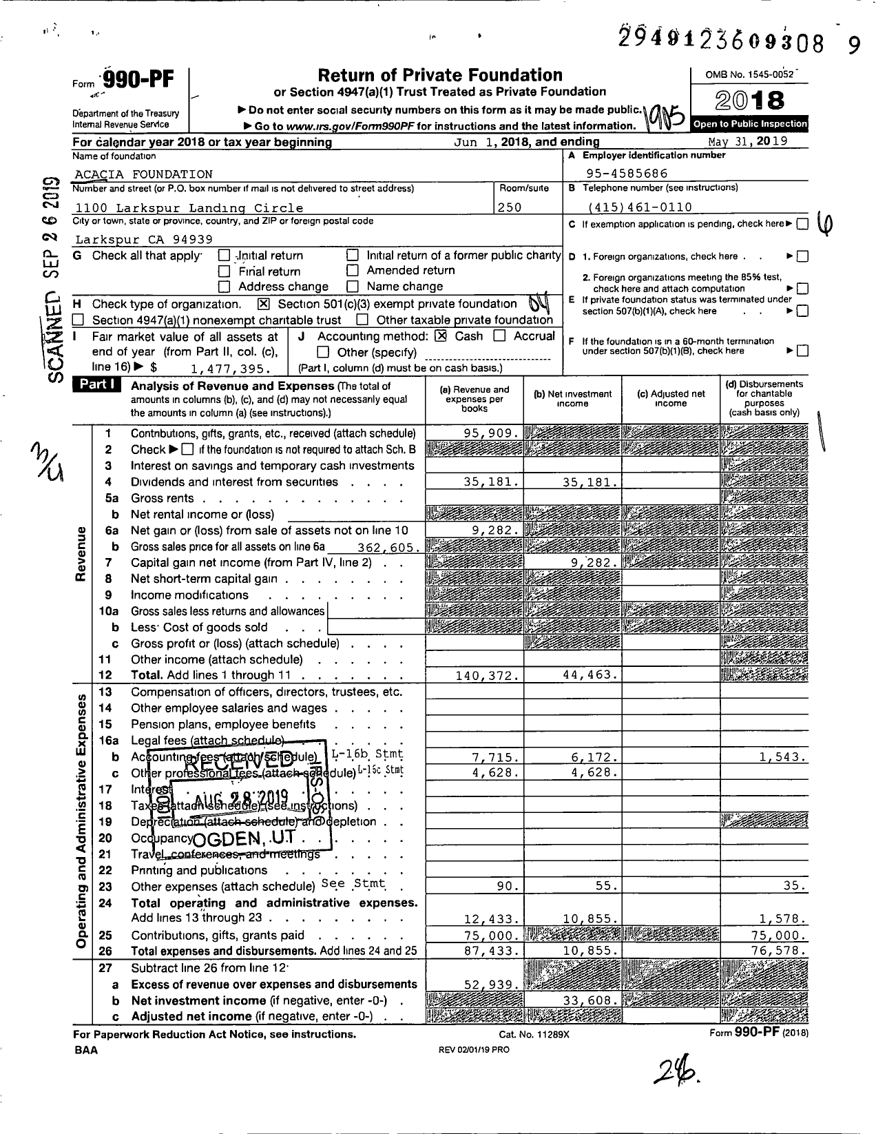 Image of first page of 2018 Form 990PF for Acacia Foundation