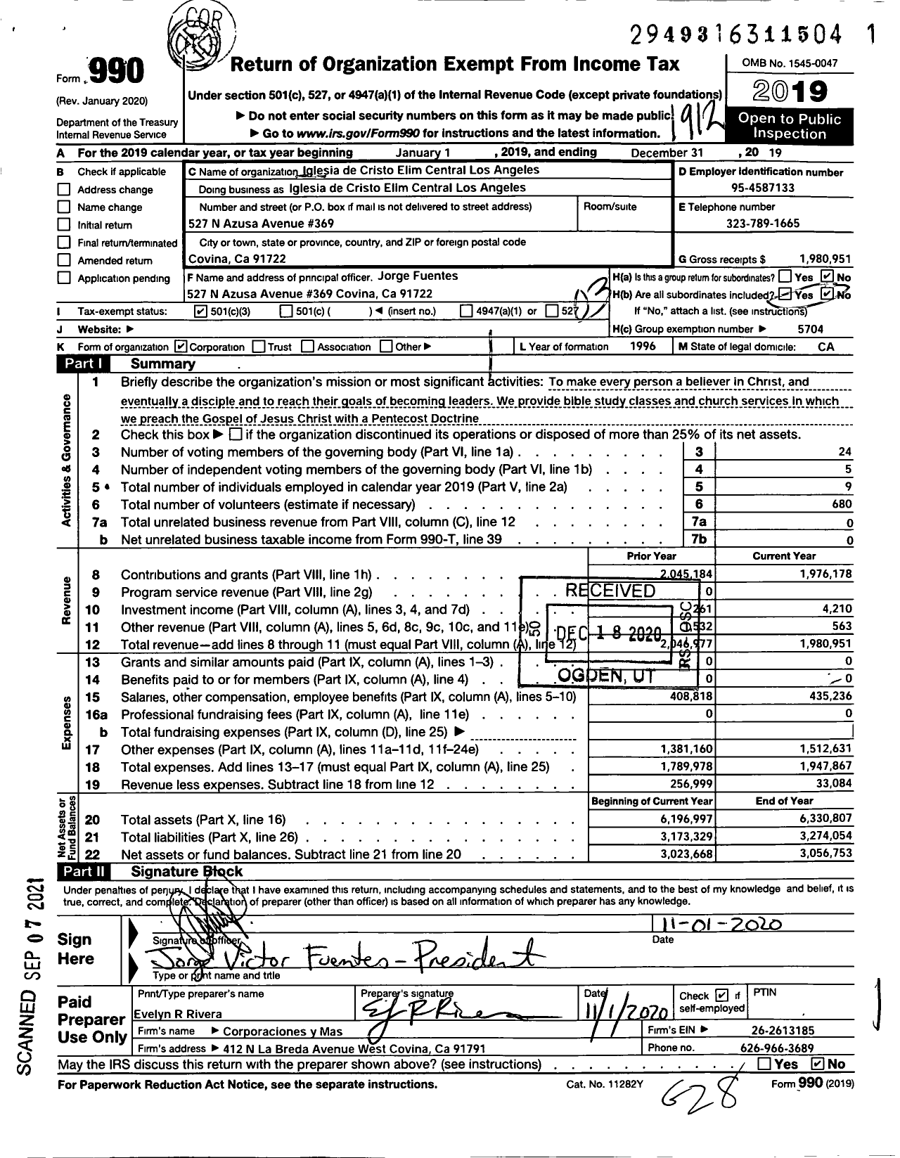 Image of first page of 2019 Form 990 for Iglesia de Cristo Elim Central Los Angeles