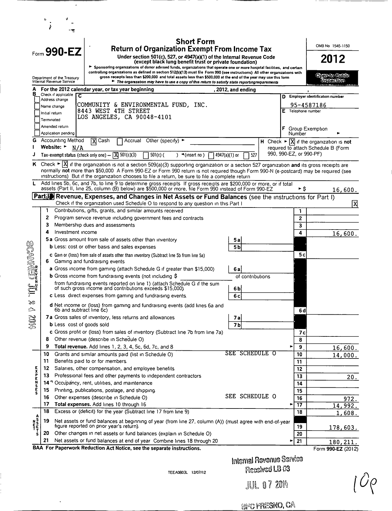 Image of first page of 2012 Form 990EZ for Community Environmental Fund