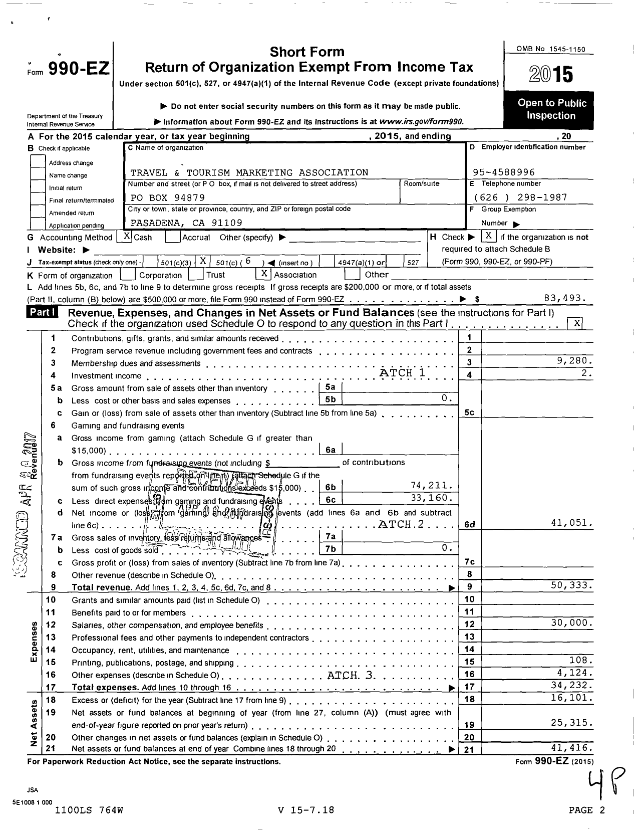 Image of first page of 2015 Form 990EO for Travel and Tourism Marketing Association