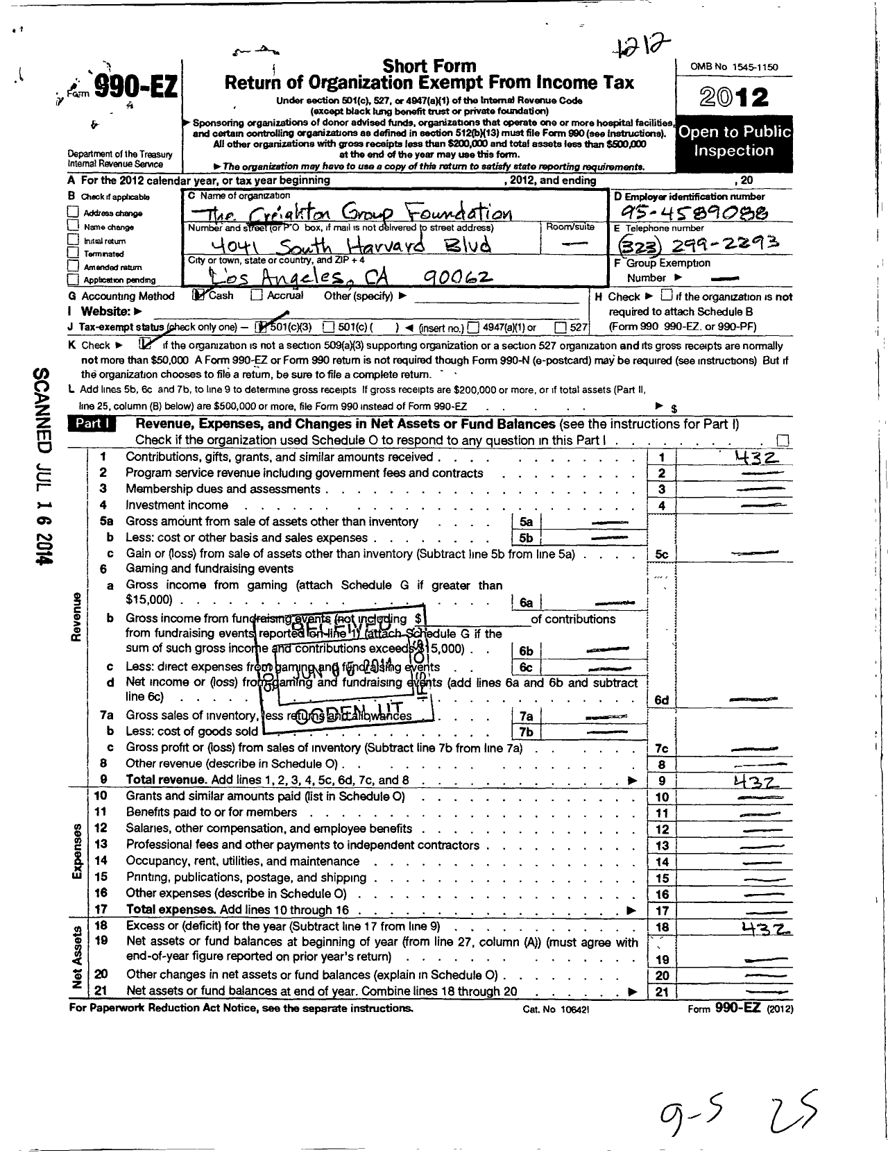 Image of first page of 2012 Form 990EZ for The Creighton Group Foundation